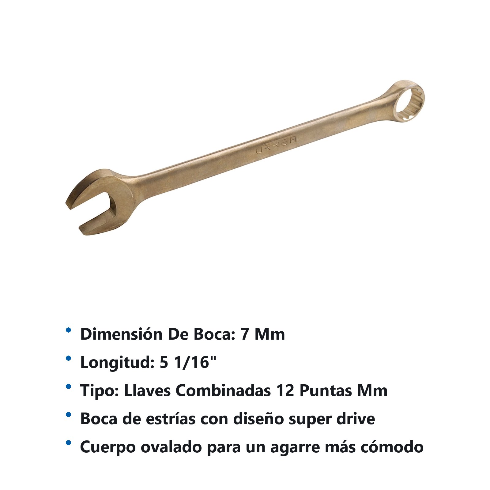 Llave combinada de bronce-aluminio antichispa métrica, 12 puntas, 7 mm Urrea - Imagen 2