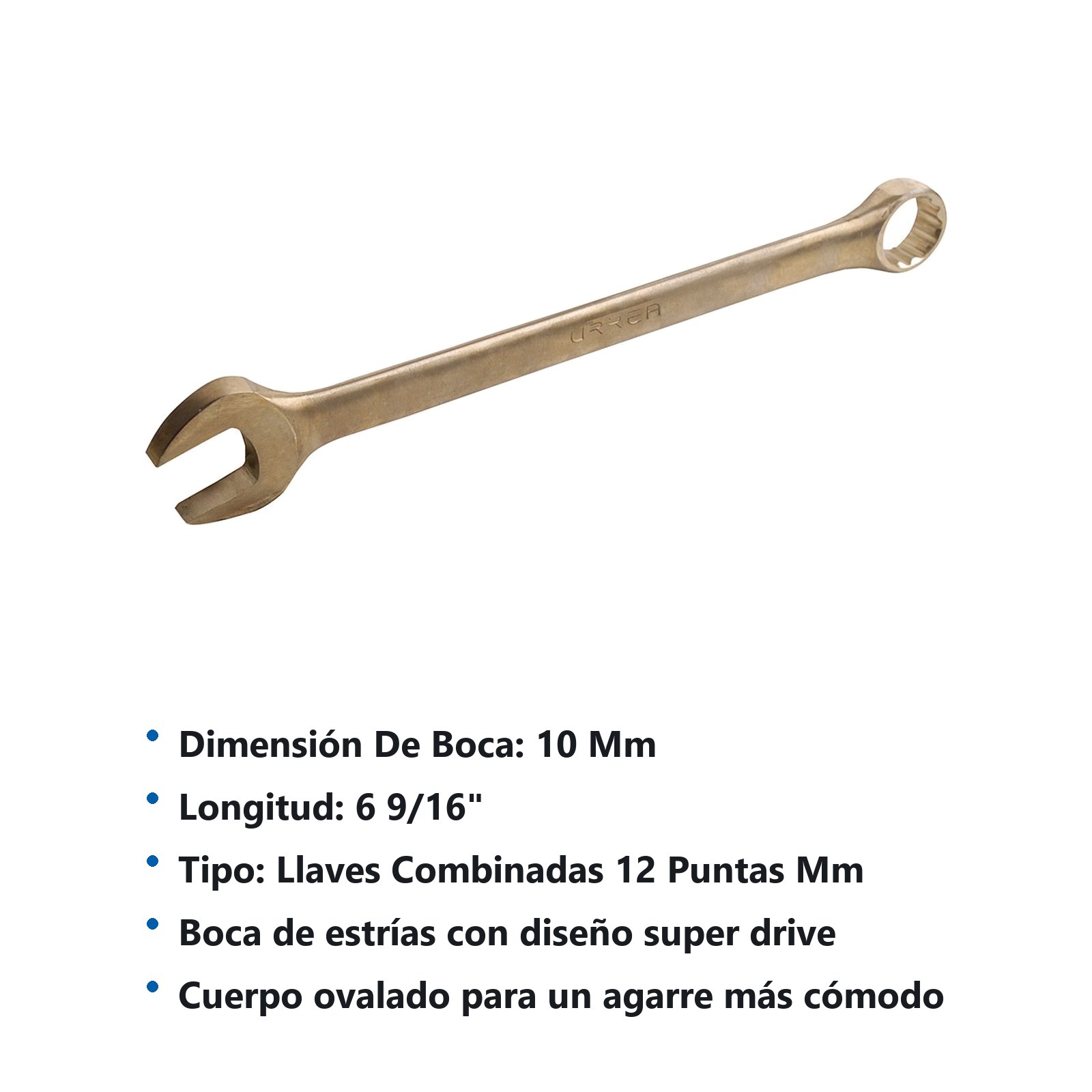 Llave combinada de bronce-aluminio antichispa métrica, 12 puntas, 10 mm Urrea - Imagen 2