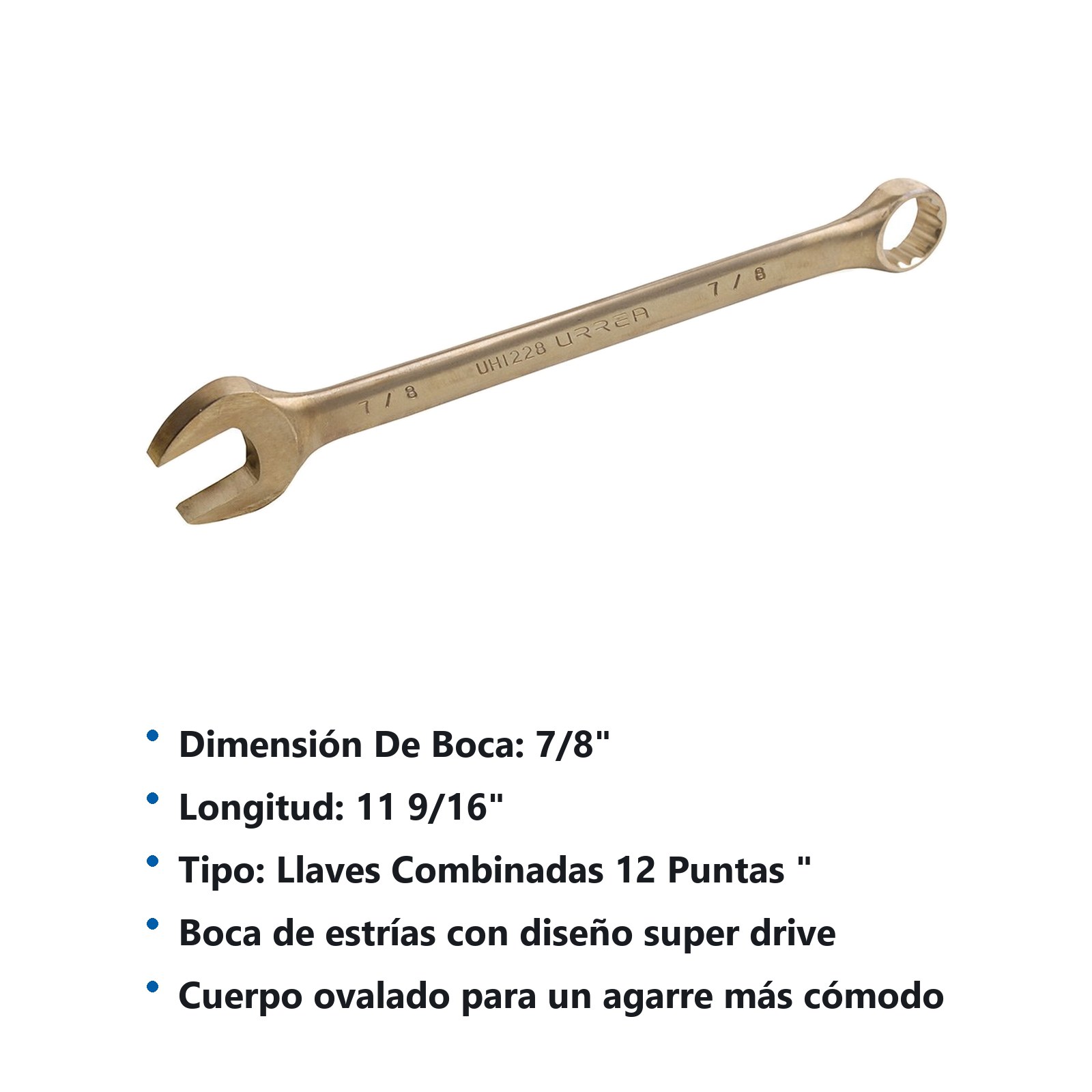 Llave combinada de bronce-aluminio antichispa en pulgadas, 12 puntas, 7/8" Urrea - Imagen 2