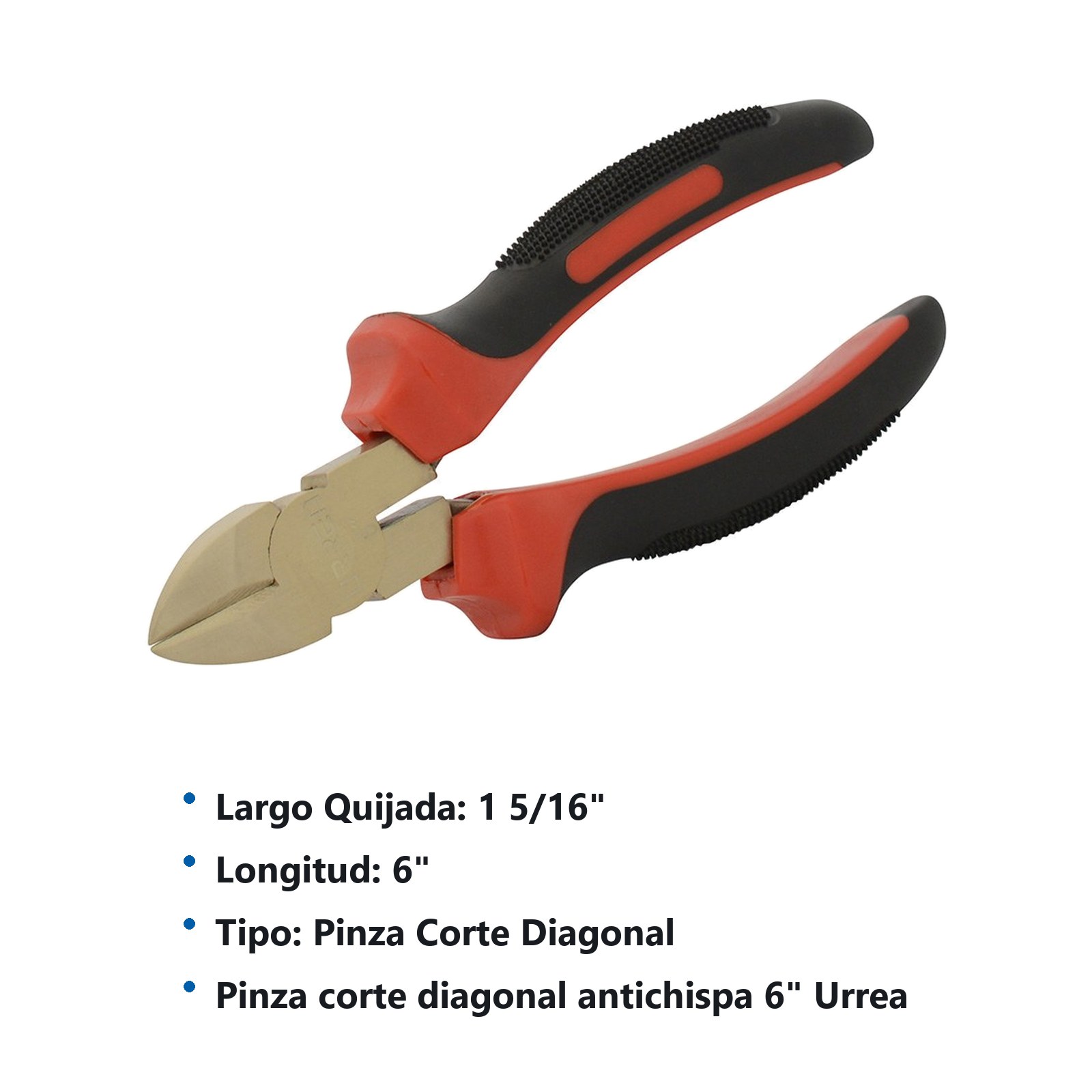 Pinza de bronce-aluminio antichispa con mango bimaterial de 6", de corte diagonal Urrea - Imagen 2
