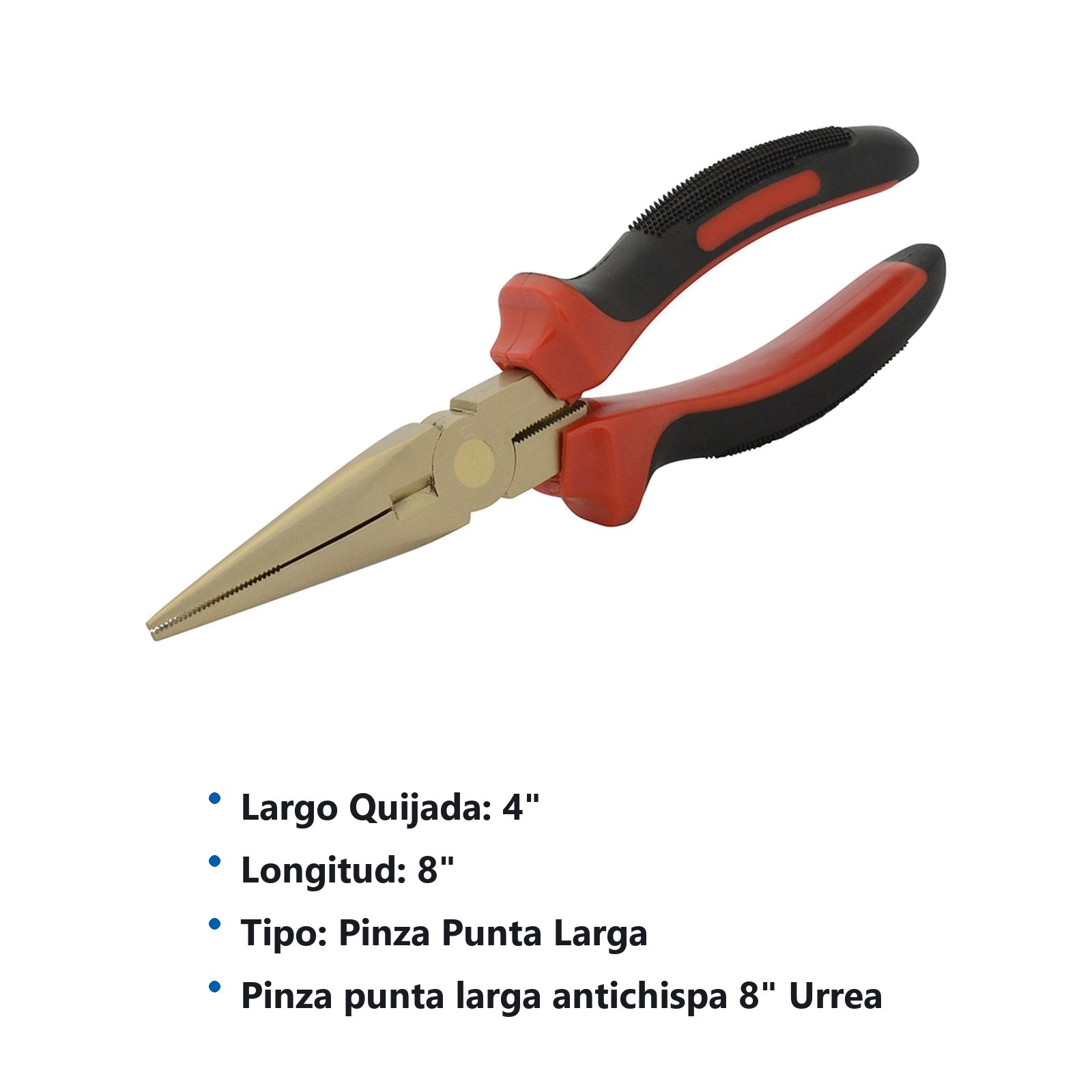 Pinza de bronce-aluminio antichispa con mango bimaterial de 8", punta larga Urrea - Imagen 2