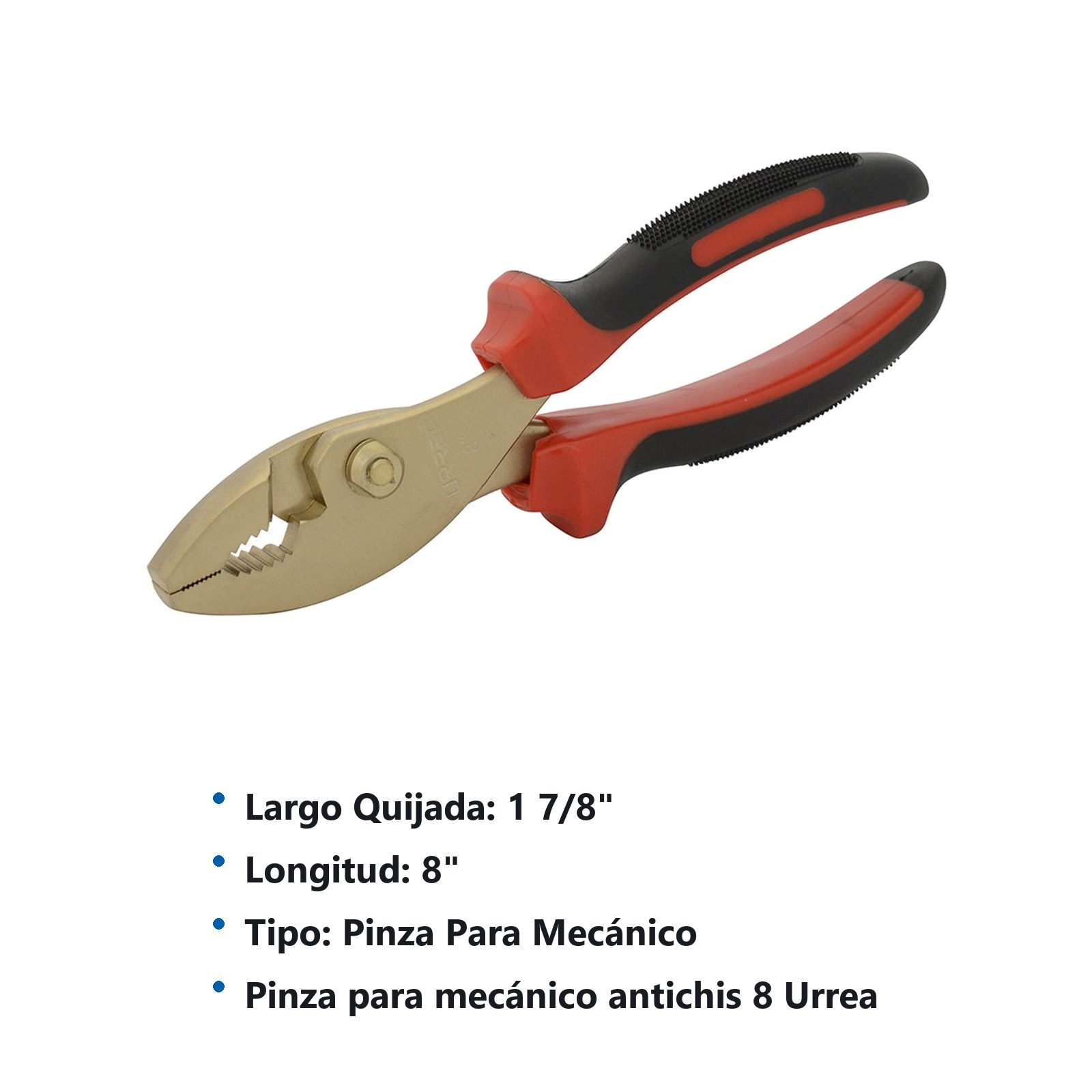 Pinza de bronce-aluminio antichispa con mango bimaterial de 8", para mecánico Urrea - Imagen 2