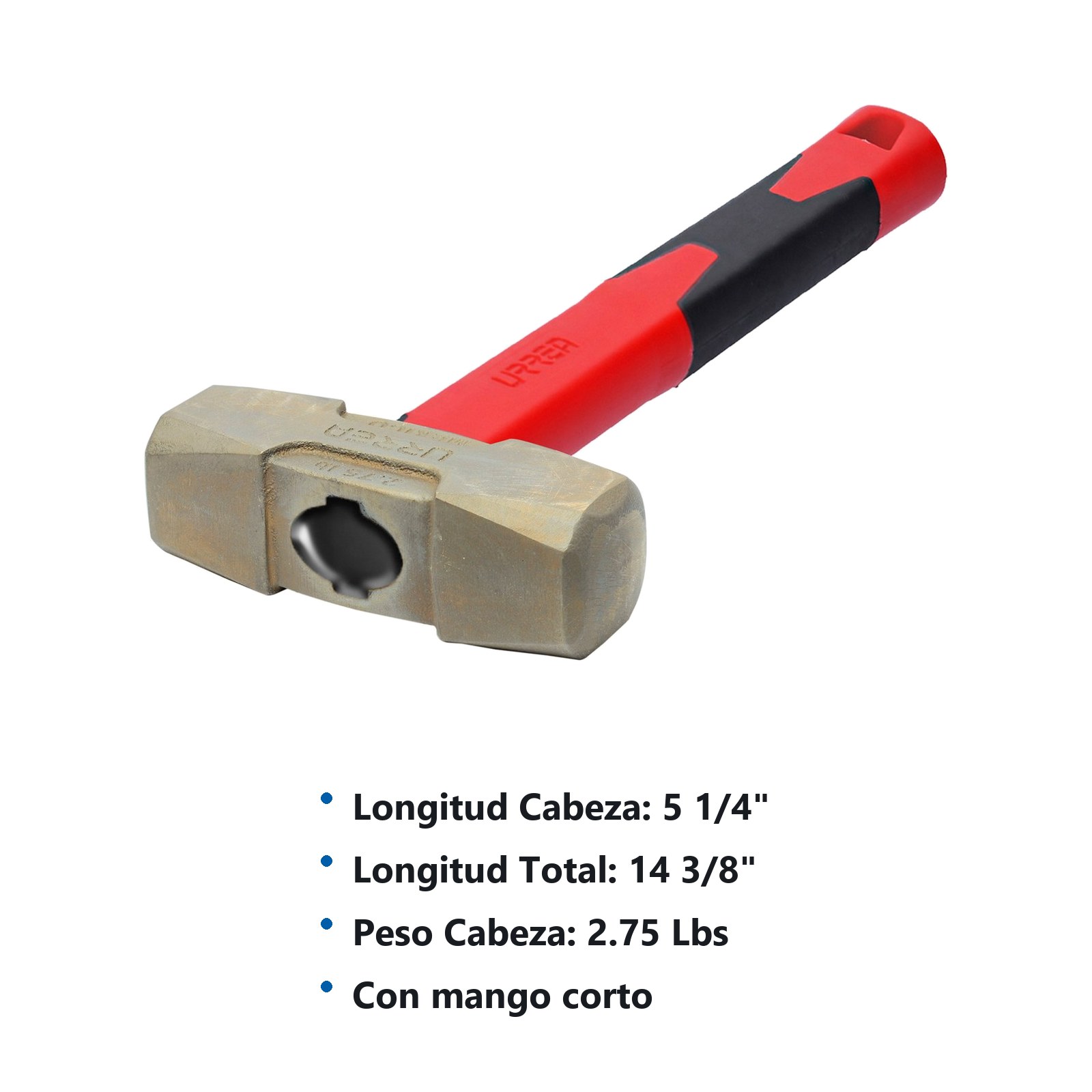 Marro de bronce-aluminio antichispa de 2.75lb con mango corto de fibra de vidrio 14" Urrea - Imagen 2