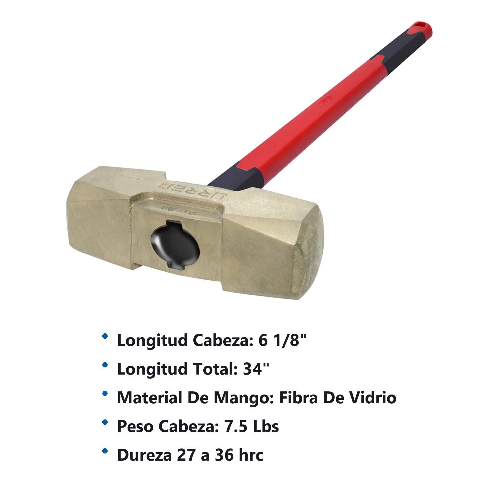Marro de bronce-aluminio antichispa de 7.5lb con mango extra largo de fibra de vidrio 34" Urrea - Imagen 2