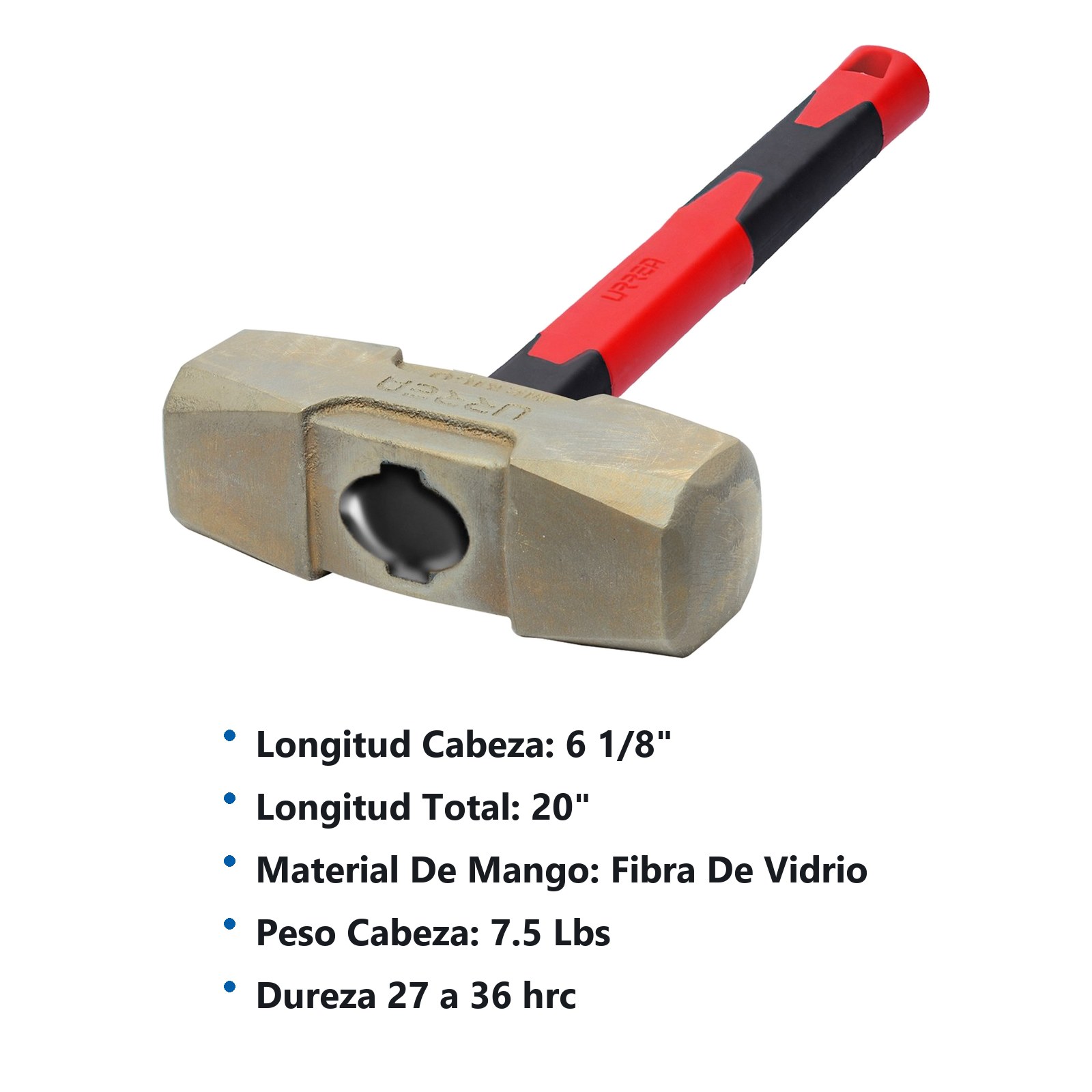 Marro de bronce-aluminio antichispa de 7.5lb con mango largo de fibra de vidrio 20" Urrea - Imagen 2