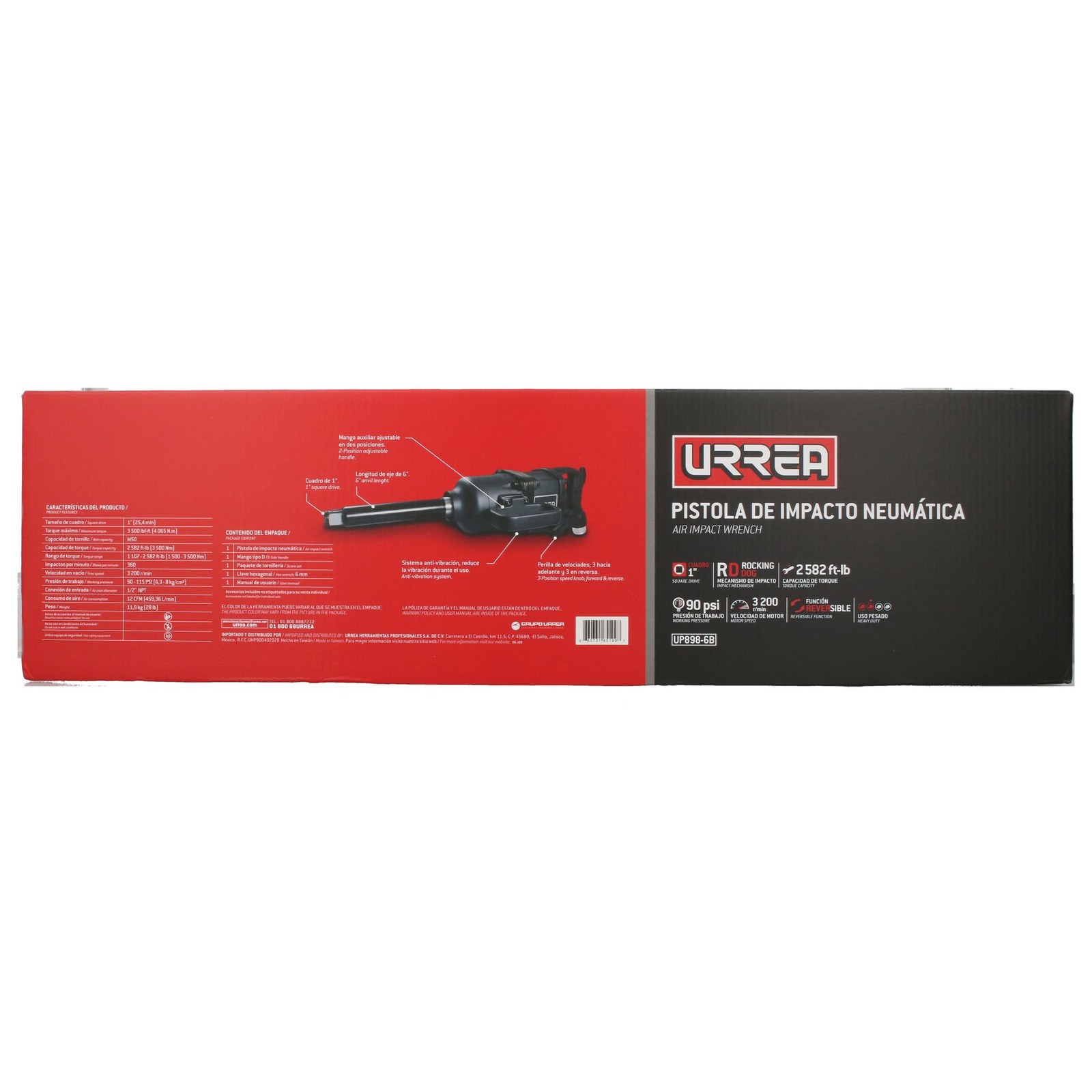 Pistola de impacto neumática cuadro de 1" 2,580 Ft-lb con extensión 6" sistema rocking dog Urrea - Imagen 4