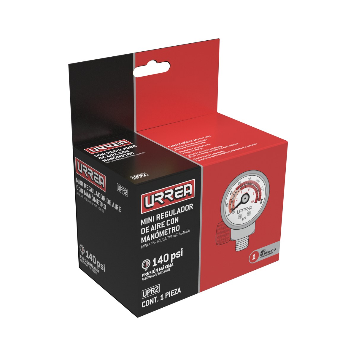 Regulador de aire con manómetro 1/4" NPT, 140PSI Urrea - Imagen 2