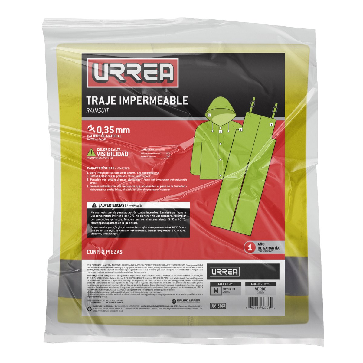 Traje impermeable de alta visibilidad M, 2 piezas Urrea - Imagen 2