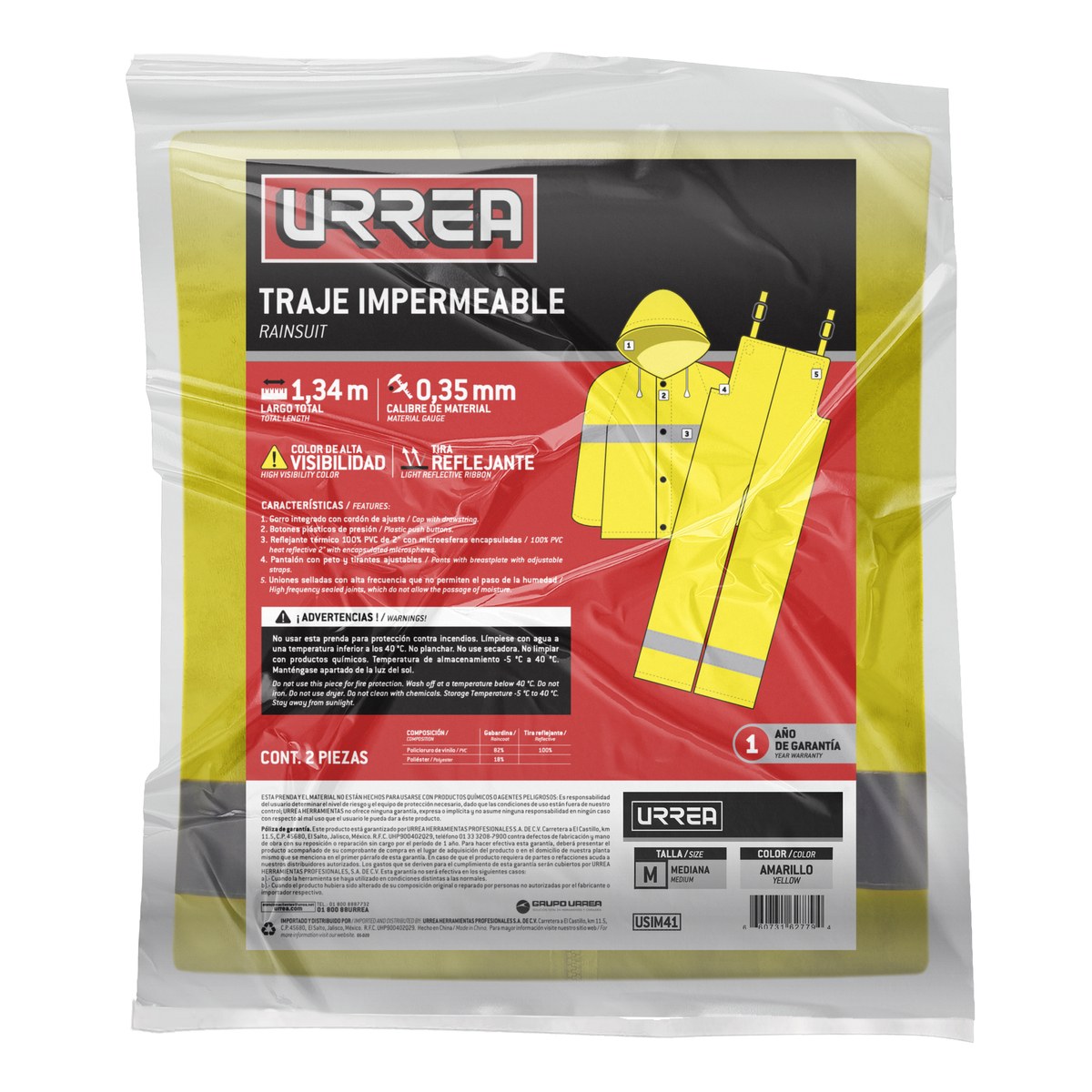 Traje impermeable con reflejante térmico M, 2 piezas Urrea - Imagen 2