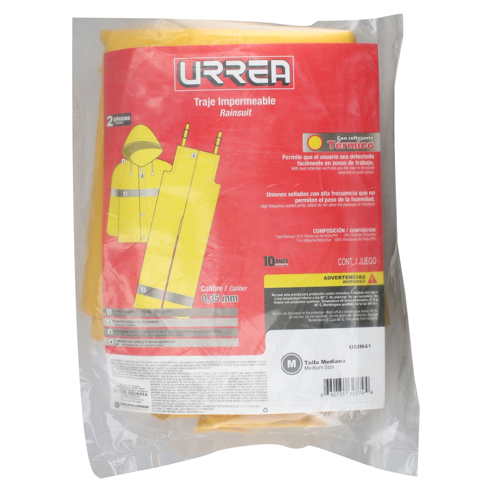 Traje impermeable con reflejante térmico M, 2 piezas Urrea - Imagen 3
