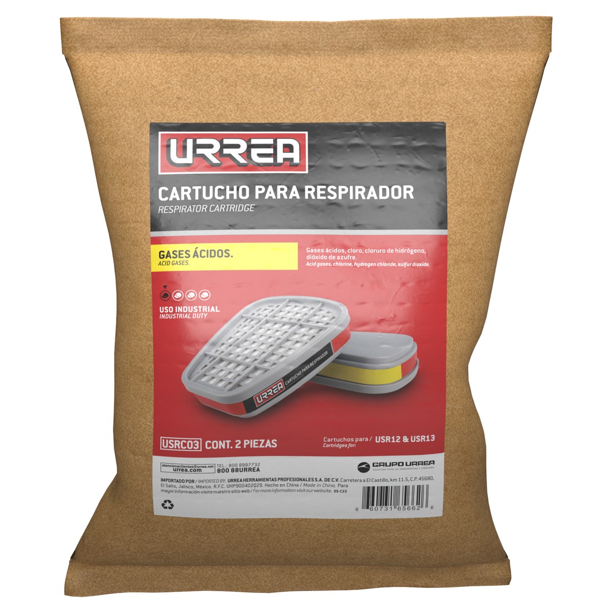 Cartucho para respirador con protección para gases ácidos Urrea - Imagen 2