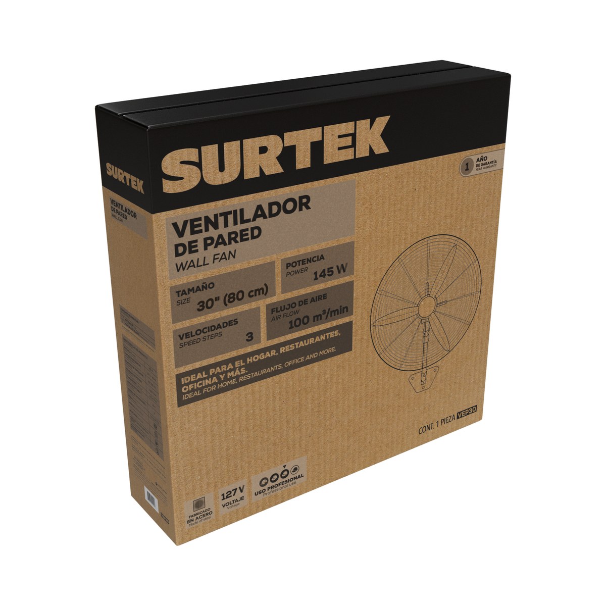 Ventilador de pared 3 velocidades, 30" Surtek - Imagen 2