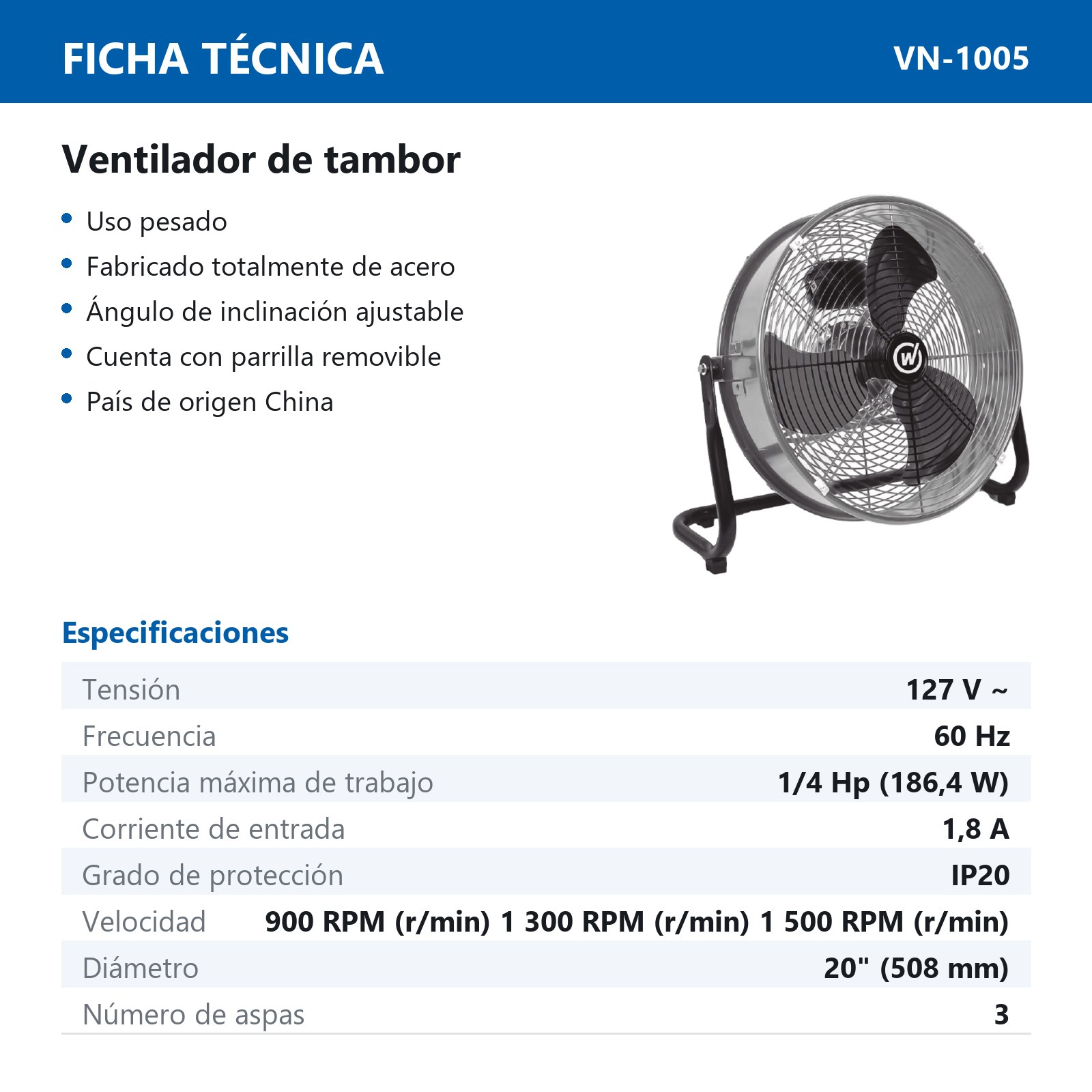 VENTILADOR DE TAMBOR 20" 127V 1/4HP (186.4 W) - Imagen 2