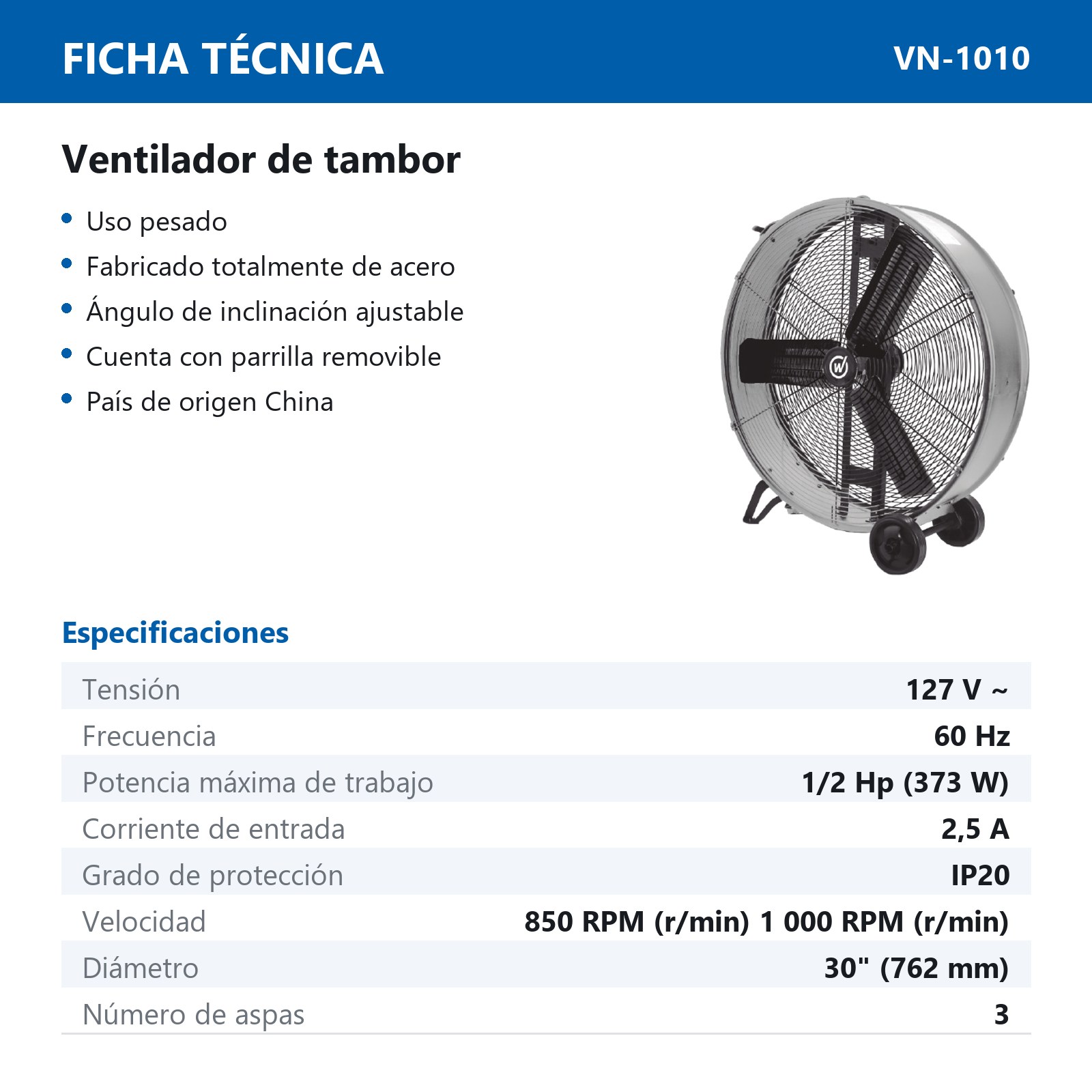 VENTILADOR DE TAMBOR 30" 127V 1/2HP (373 W) - Imagen 2