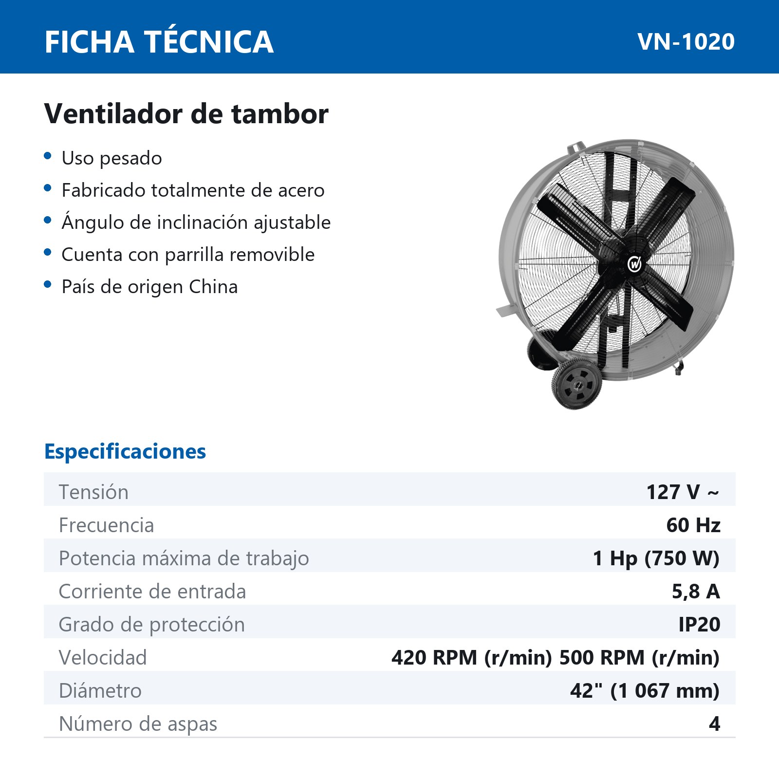 VENTILADOR DE TAMBOR 42" 127V 1HP (750 W) - Imagen 2