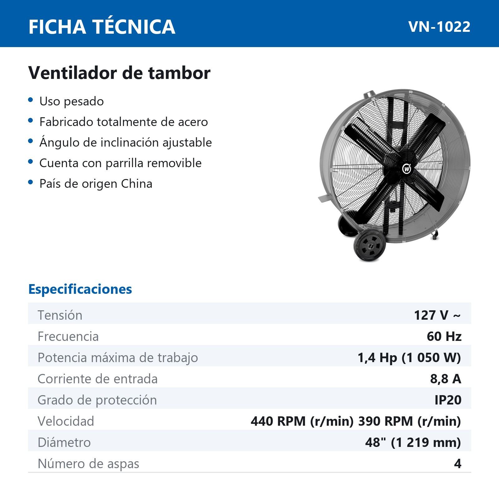 VENTILADOR DE TAMBOR 48" 127V 1.4HP (1050 W) - Imagen 2