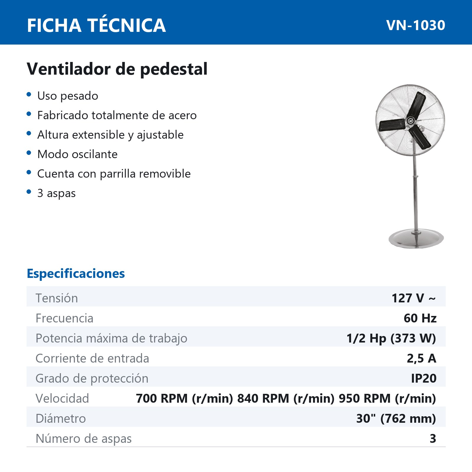 VENTILADOR DE PEDESTAL 30" 127V 1/2HP (373 W) - Imagen 2