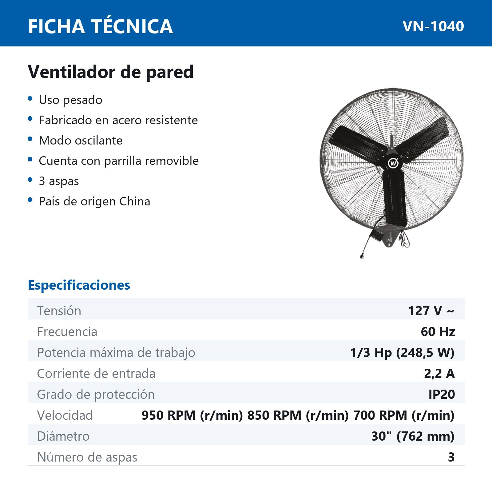 VENTILADOR DE PARED 30" 127V 1/3HP (248.5 W) - Imagen 2