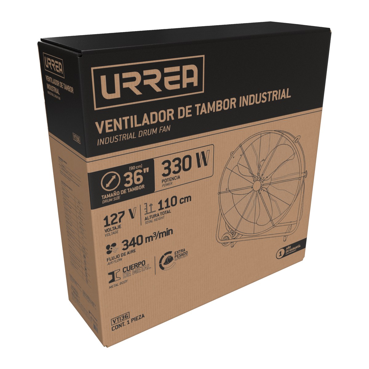 Ventilador de tambor industrial 3 velocidades, 36" Urrea - Imagen 2