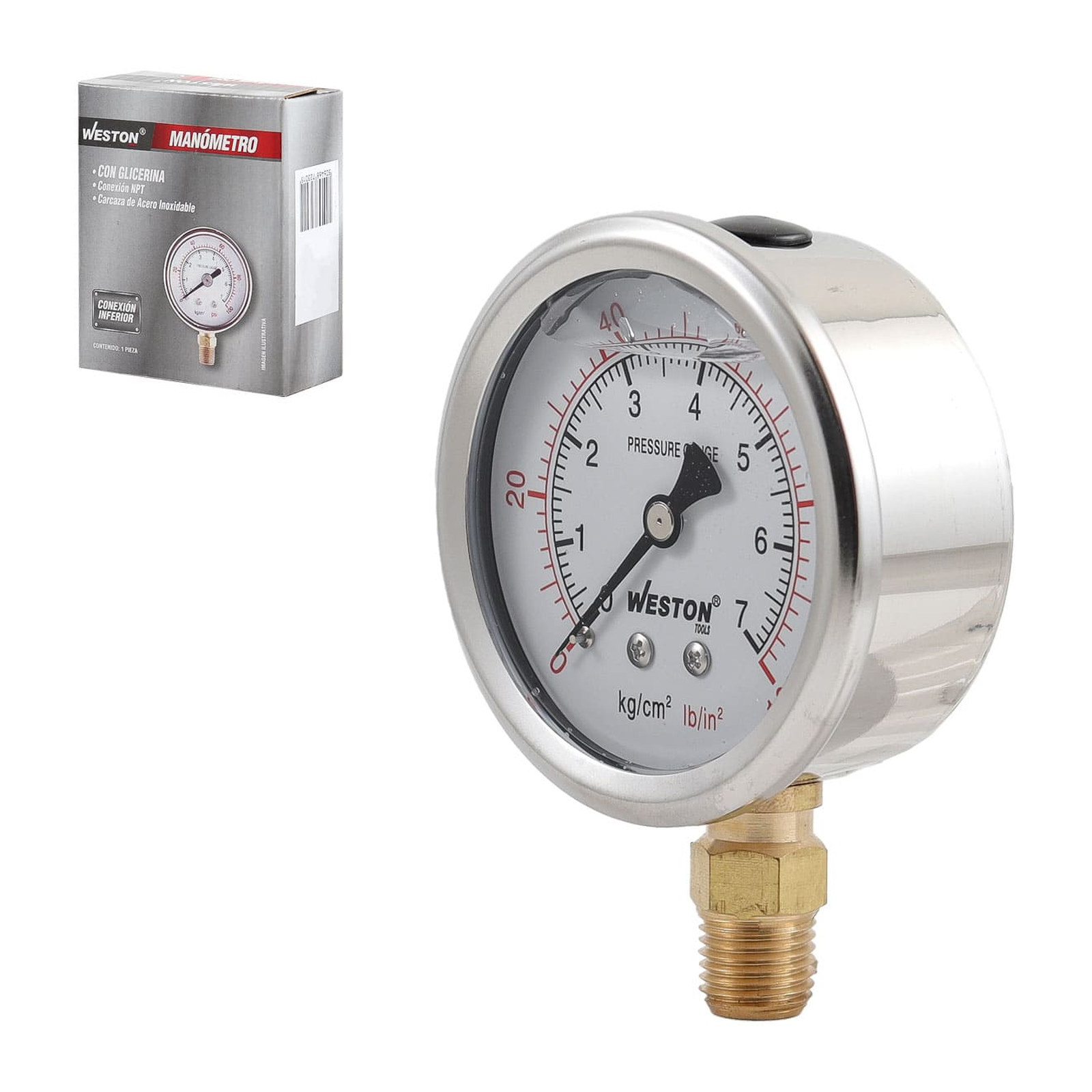 Manómetro de Glicerina 2 1/2" con Conexión 1/4" NPT 7 kg / 100 lb WESTON