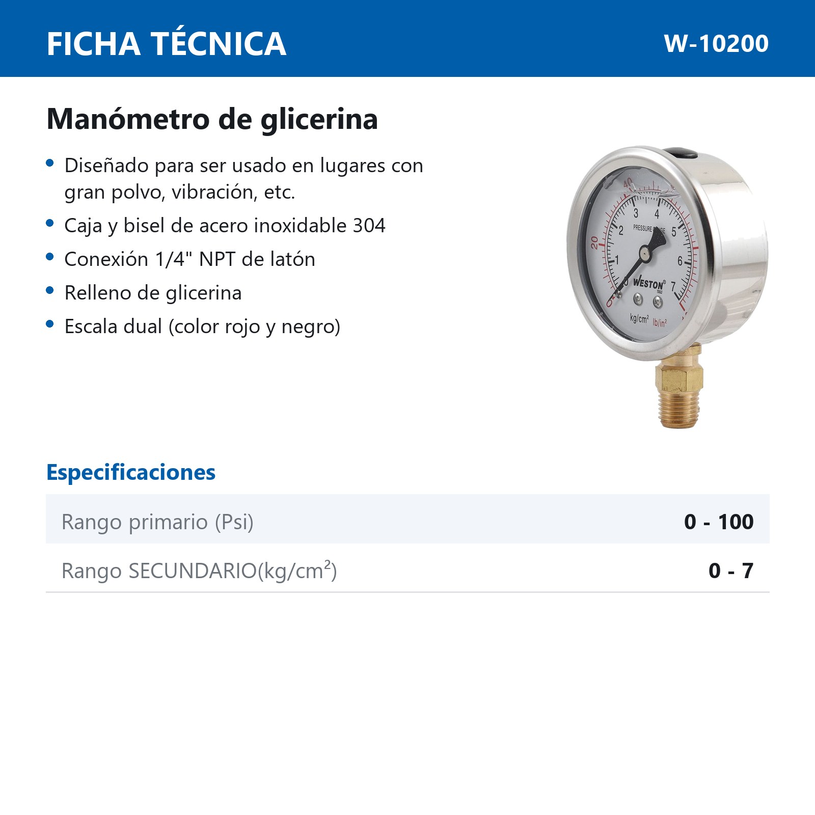 MANOMETRO GLICERINA 2 1/2" 1/4" NPT 7KG/100LB - Imagen 4