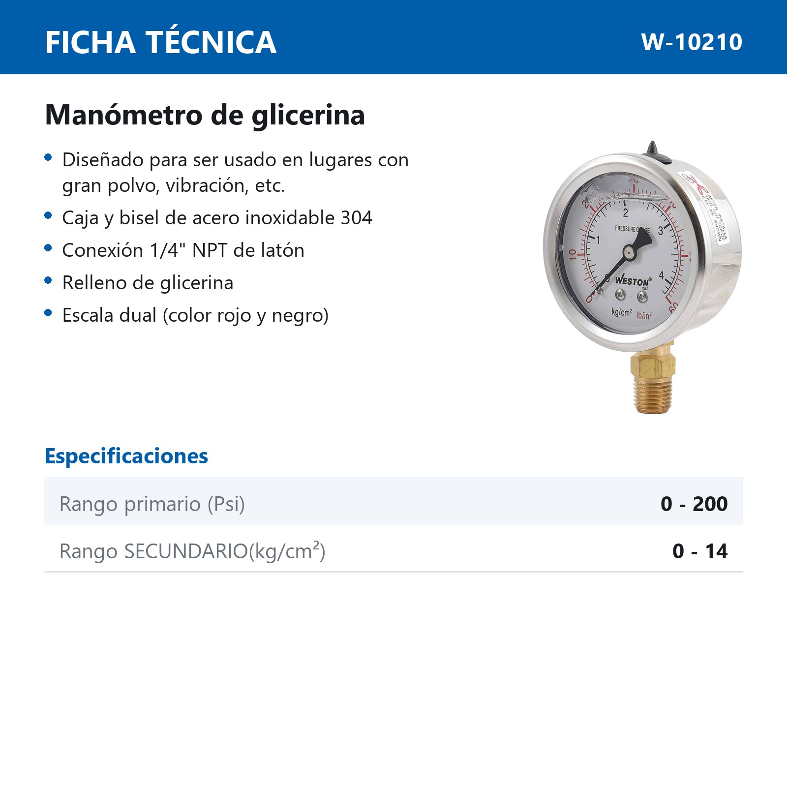 MANOMETRO GLICERINA 2 1/2" 1/4" NPT 14KG/200LB - Imagen 4