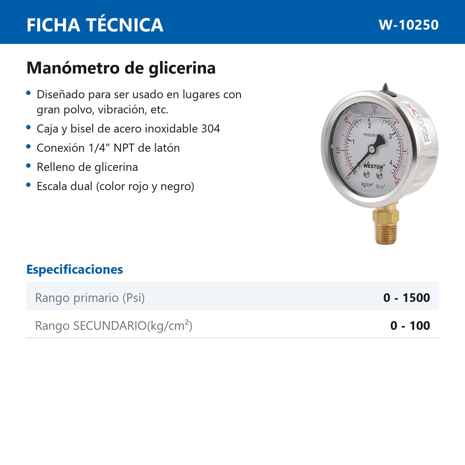 MANOMETRO GLICERINA 2 1/2" 1/4" NPT 100KG/1500LB - Imagen 4