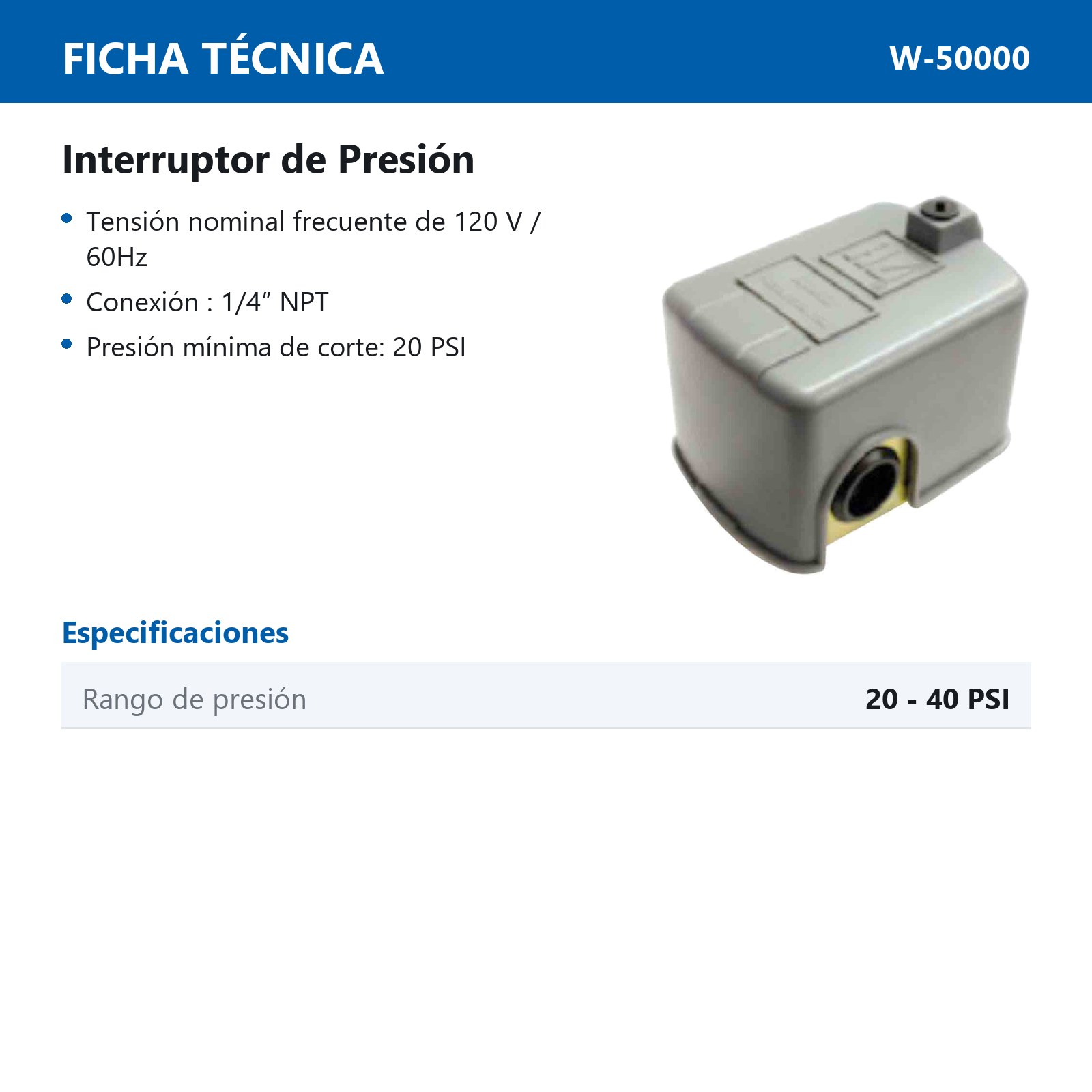 INTERRUPTOR DE PRESION PARA BOMBA DE AGUA 20/40 PSI - Imagen 2