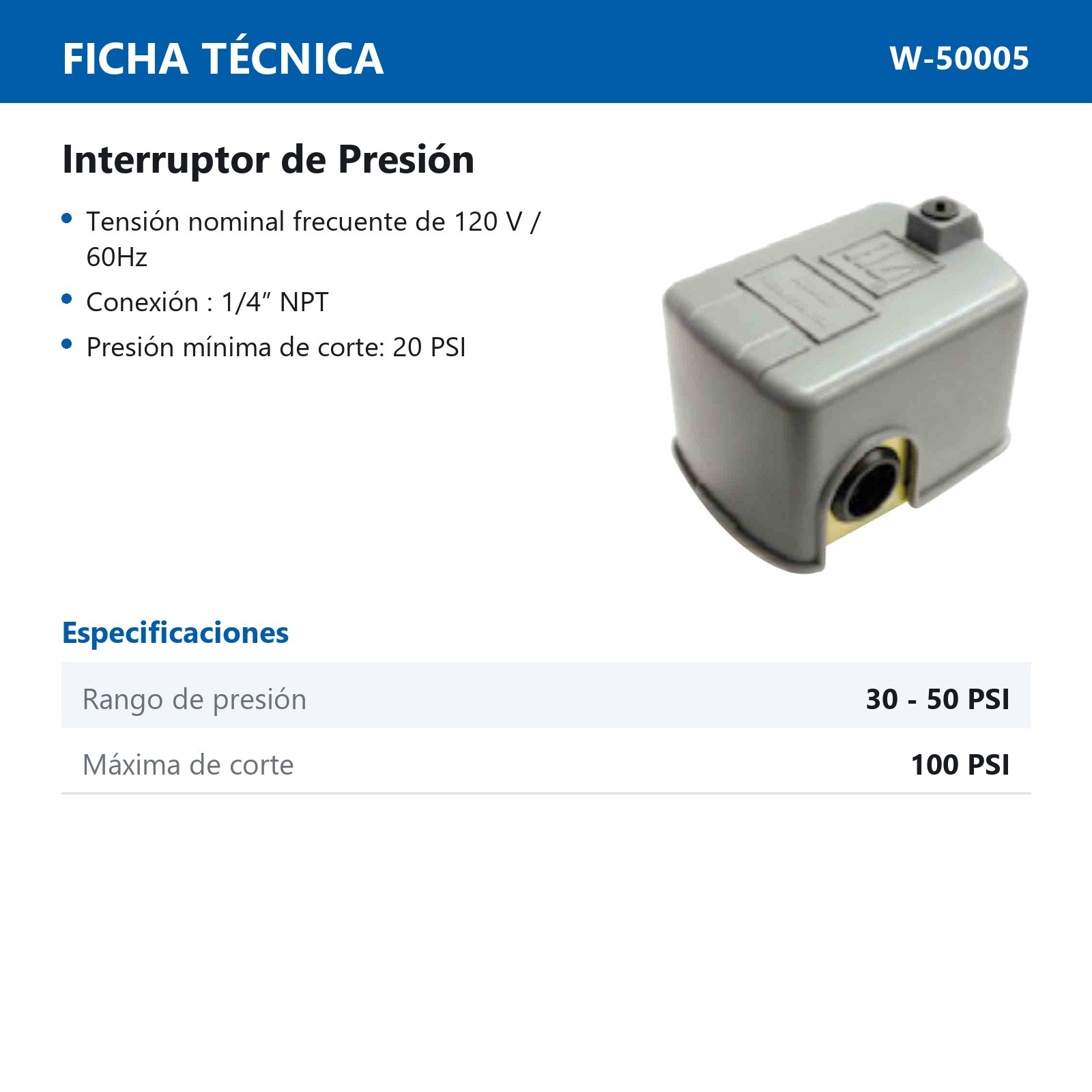 INTERRUPTOR DE PRESION PARA BOMBA DE AGUA 30/50 PSI - Imagen 2