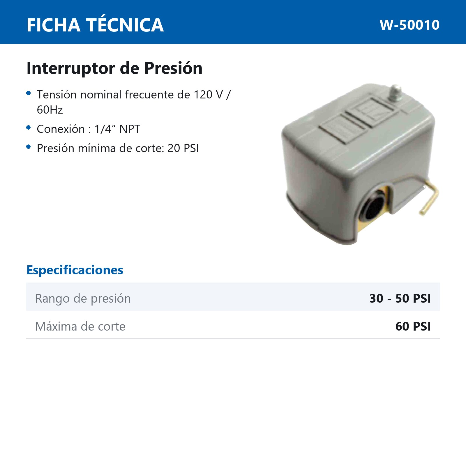 INTERRUPTOR DE PRESION P/ BOMBA DE AGUA CON PALANCA 30-50 PSI - Imagen 2