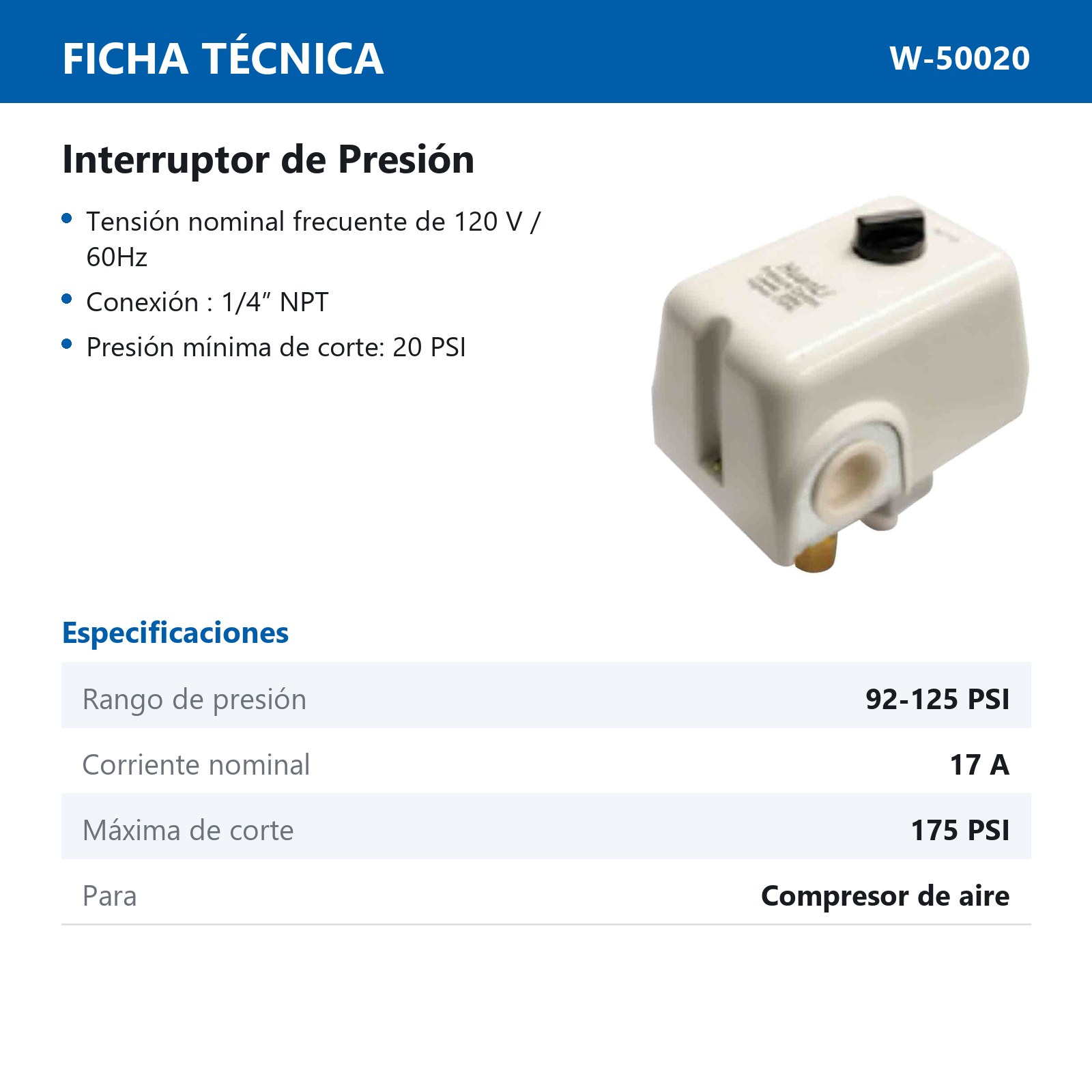 INTERRUPTOR DE PRESION 95/125 PSI                 CON SWITCH - Imagen 2