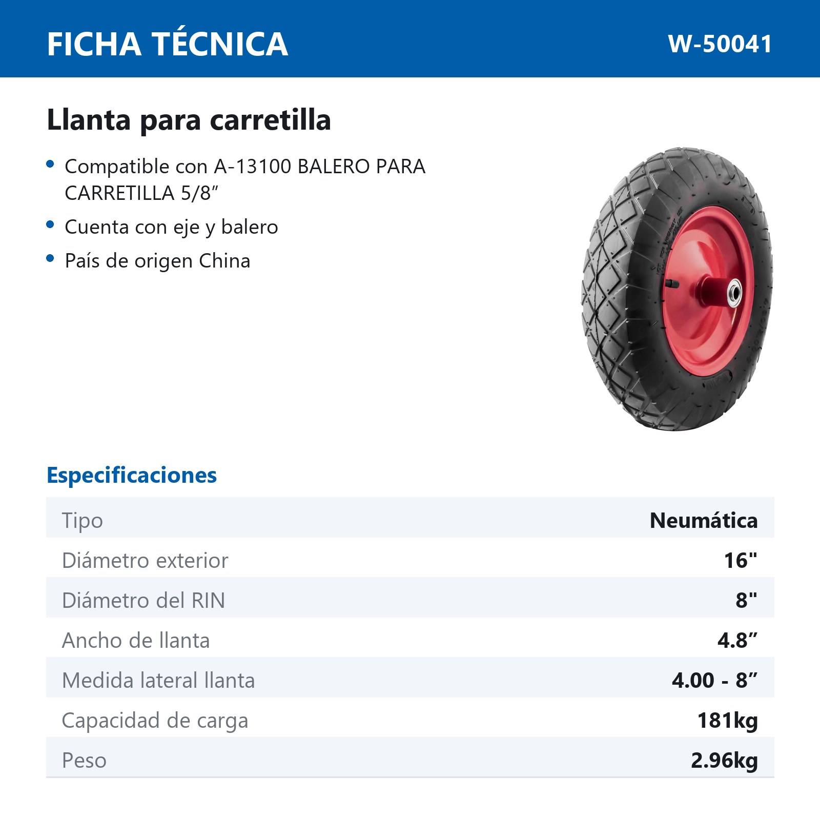 LLANTA NEUMATICA PARA CARRETILLA 16" C/RIN - Imagen 2