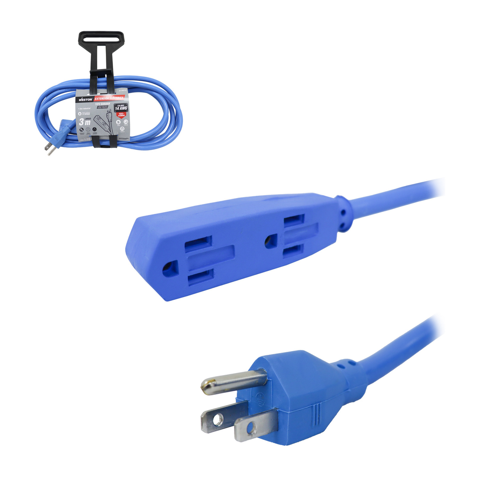 Extensión Industrial Tipo Banana 3 Contactos 3x14 Azul 3 Metros WESTON