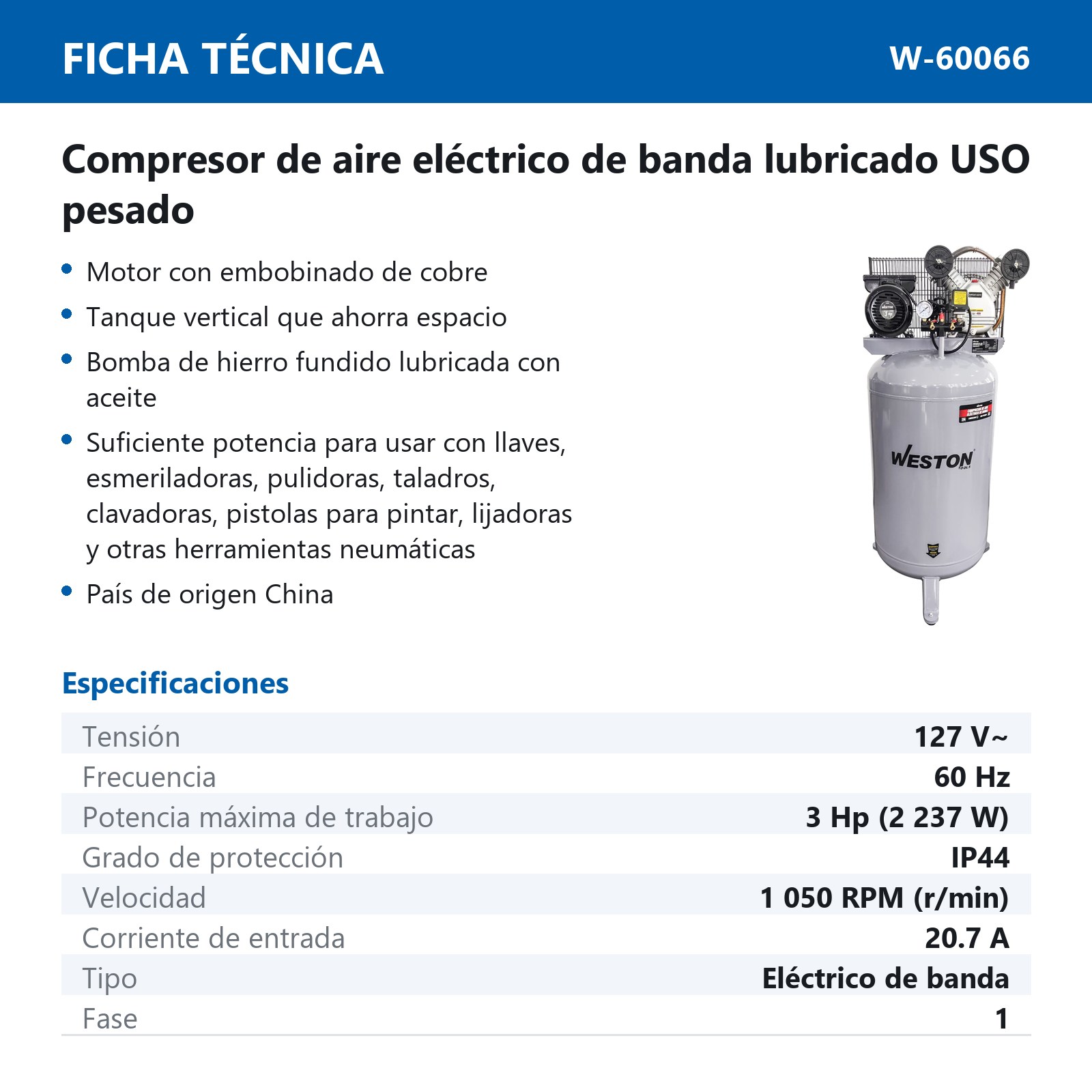 COMPRESOR VERTICAL DE BANDA 3HP 230L 127V - Imagen 2