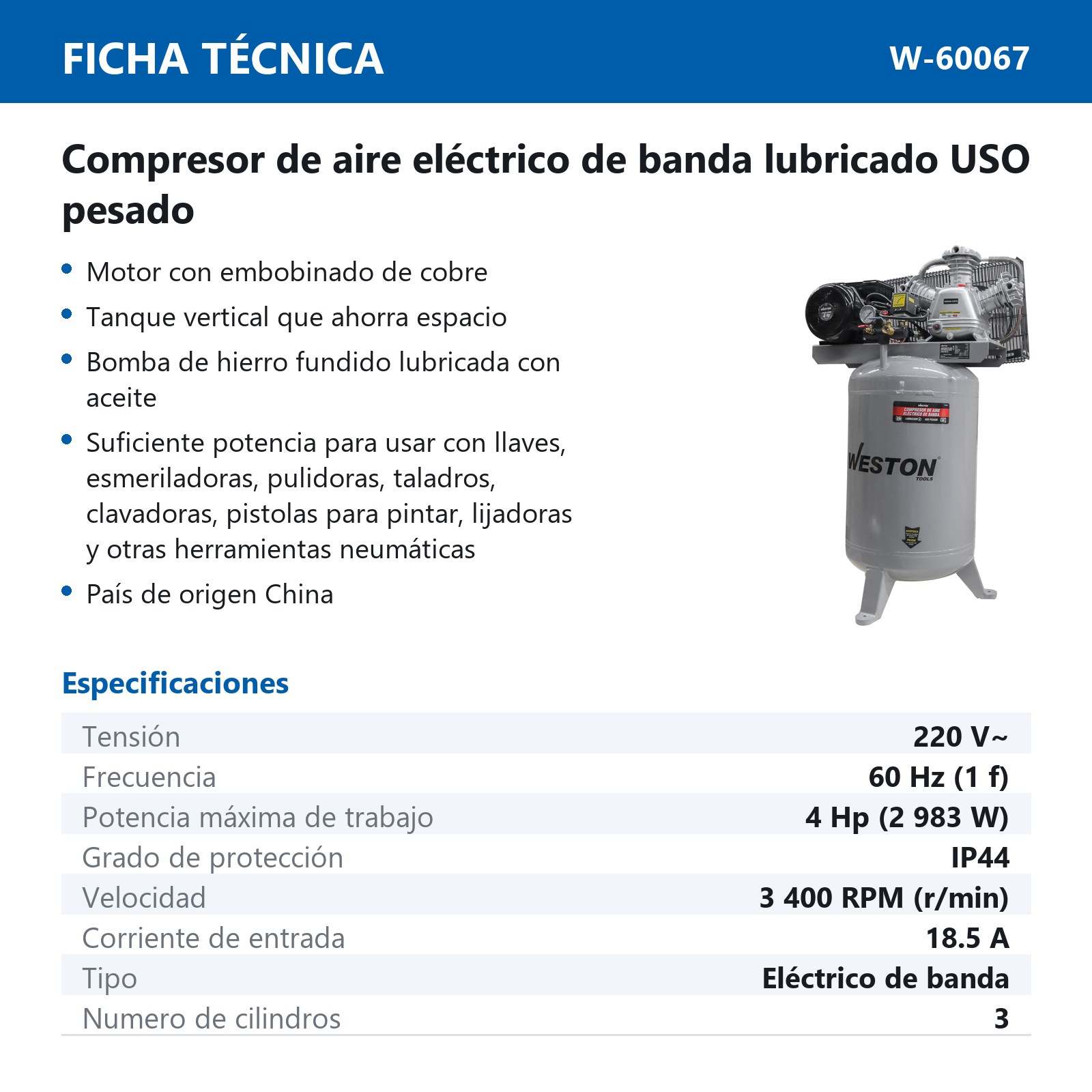 COMPRESOR VERTICAL DE BANDA 4HP 120L 220V - Imagen 2