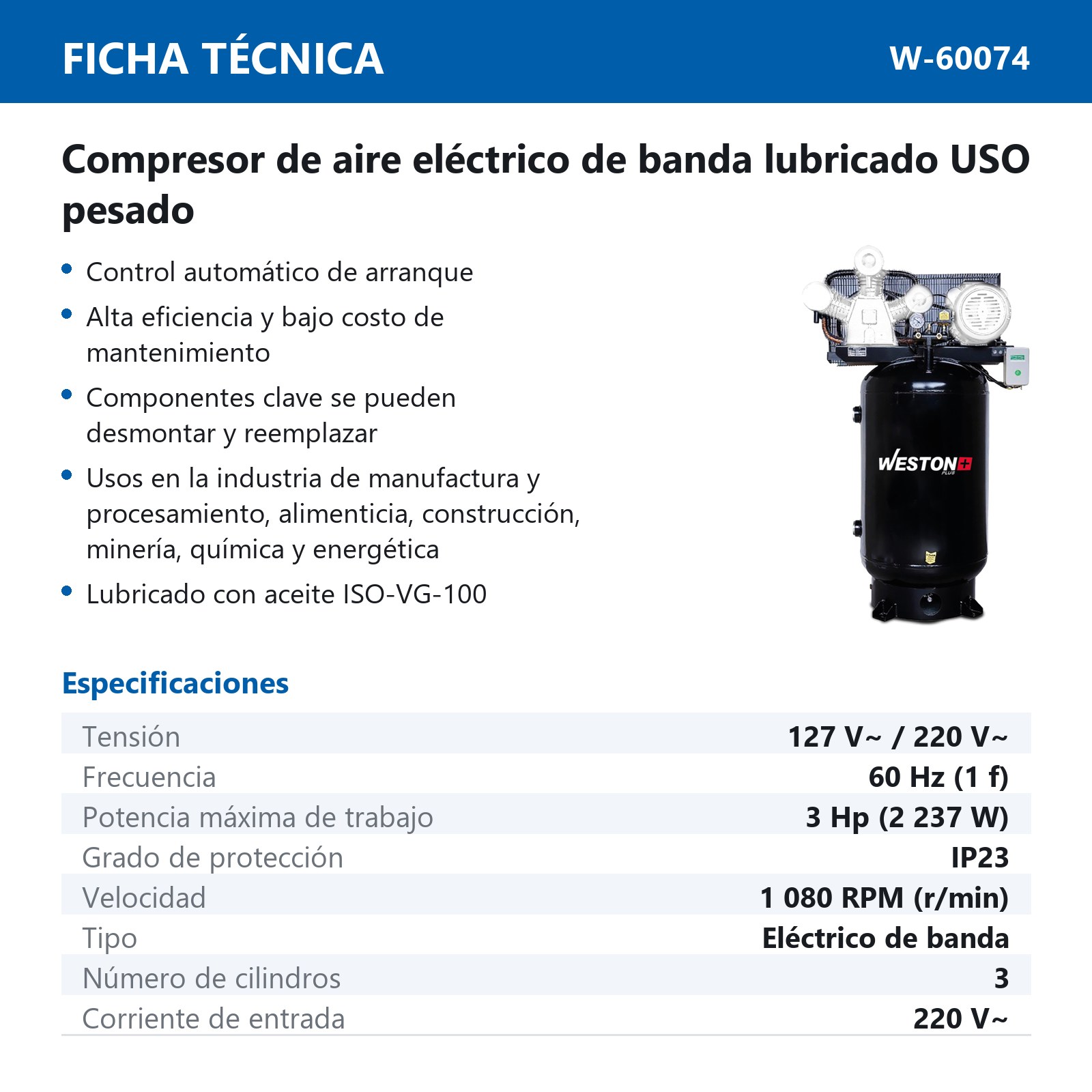 COMPRESOR VERTICAL DE BANDA 3HP 300L 110/220V - Imagen 2