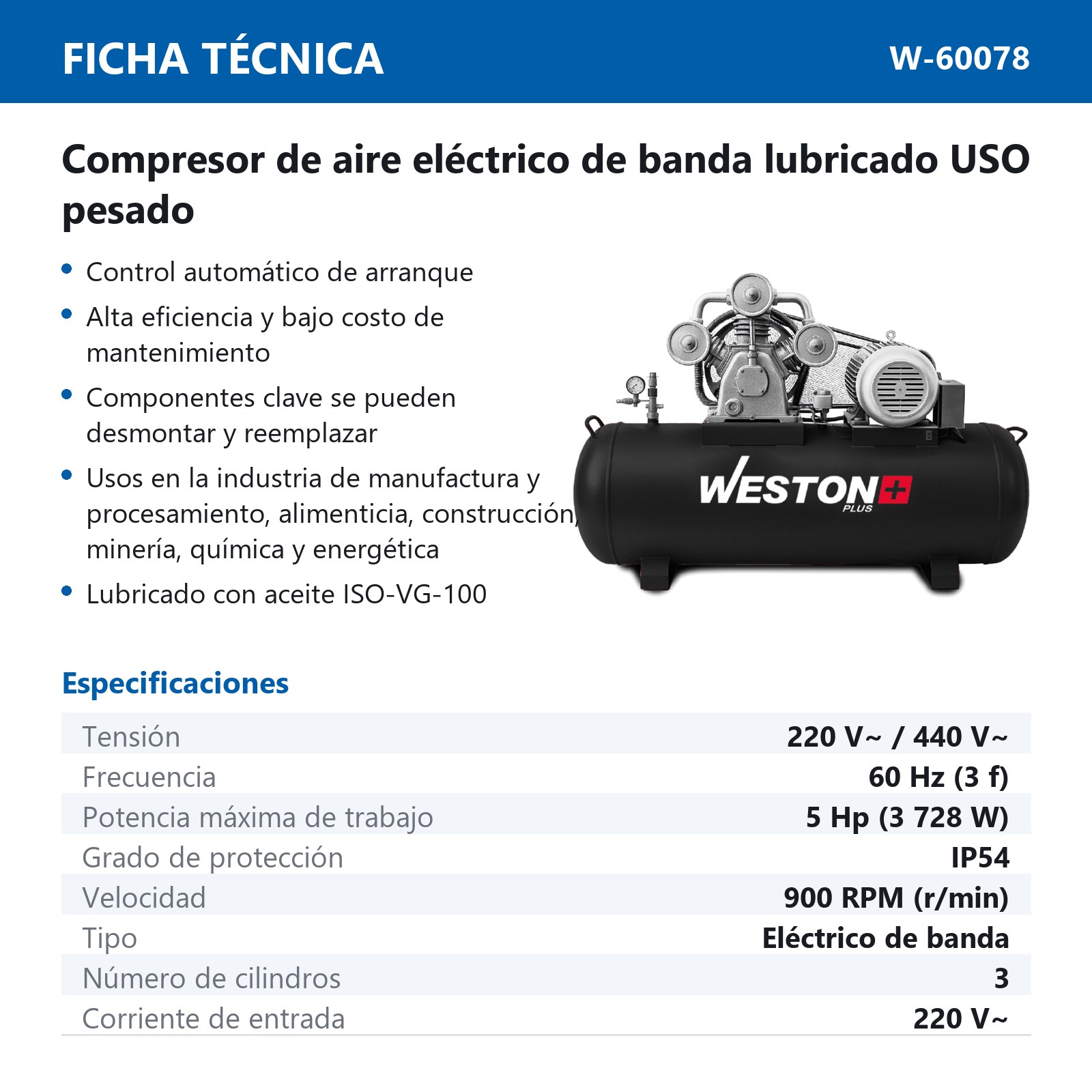 COMPRESOR DE BANDA 5HP 500L 220/440V - Imagen 2