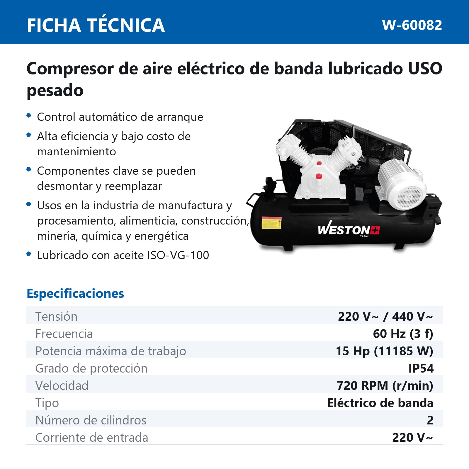 COMPRESOR DE BANDA 15HP 500L 220/440V - Imagen 2