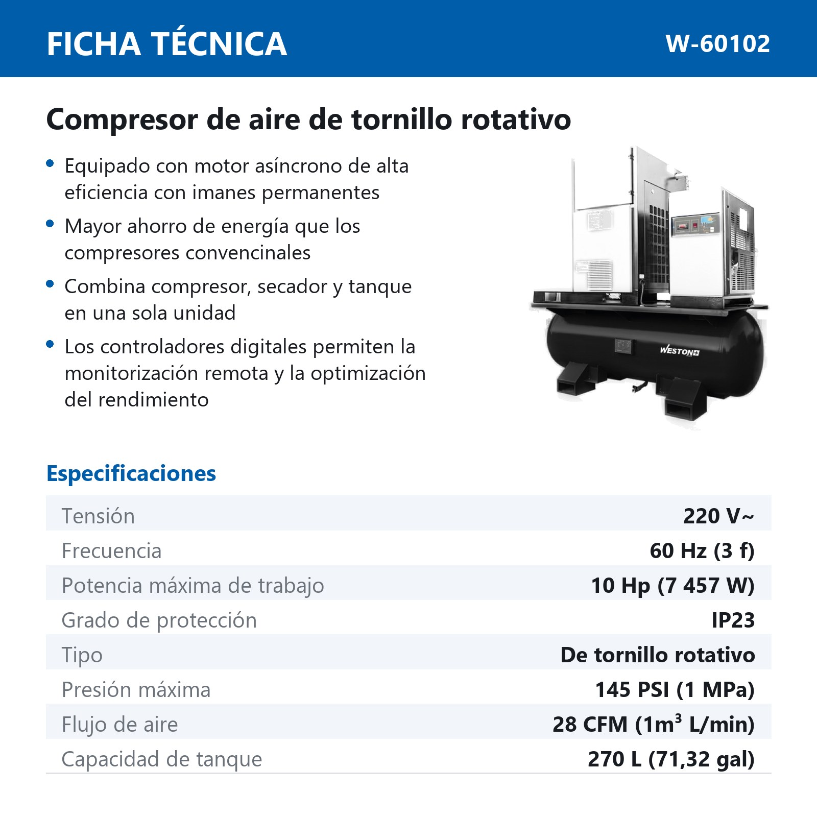 COMPRESORES DE AIRE DE TORNILLO ROTATIVO 10HP 270L 220V 3PH - Imagen 2
