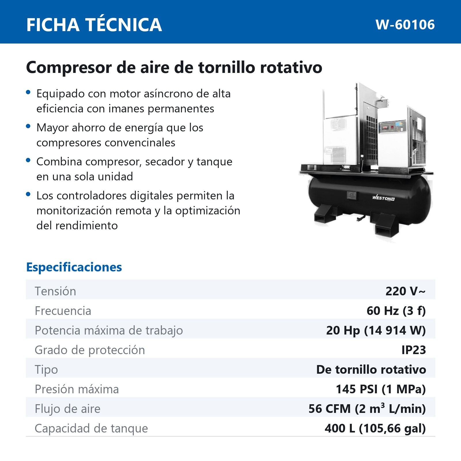 COMPRESORES DE AIRE DE TORNILLO ROTATIVO 20HP 400L 220V 3PH - Imagen 2