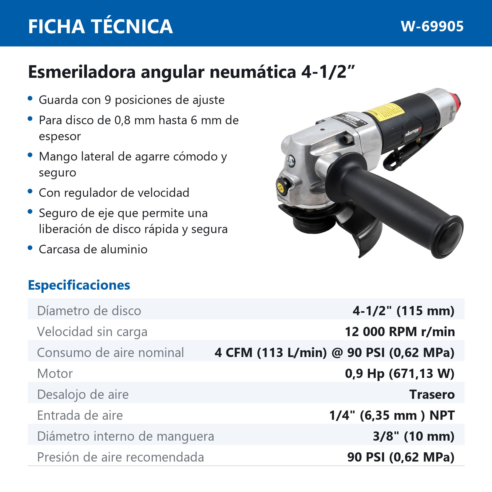 ESMERILADORA ANGULAR NEUMATICA 4-1/2" 0.9 HP 12,000 RPM - Imagen 4