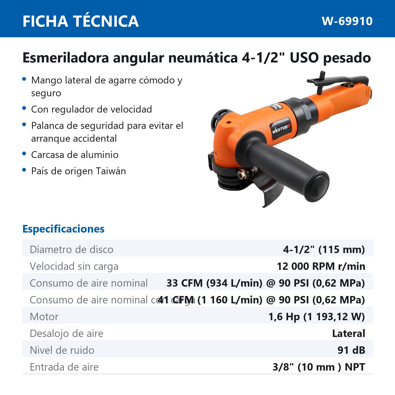 ESMERILADORA ANGULAR NEUMATICA 4-1/2" 1.6 HP 12,000 RPM (USO PESADO) - Imagen 4