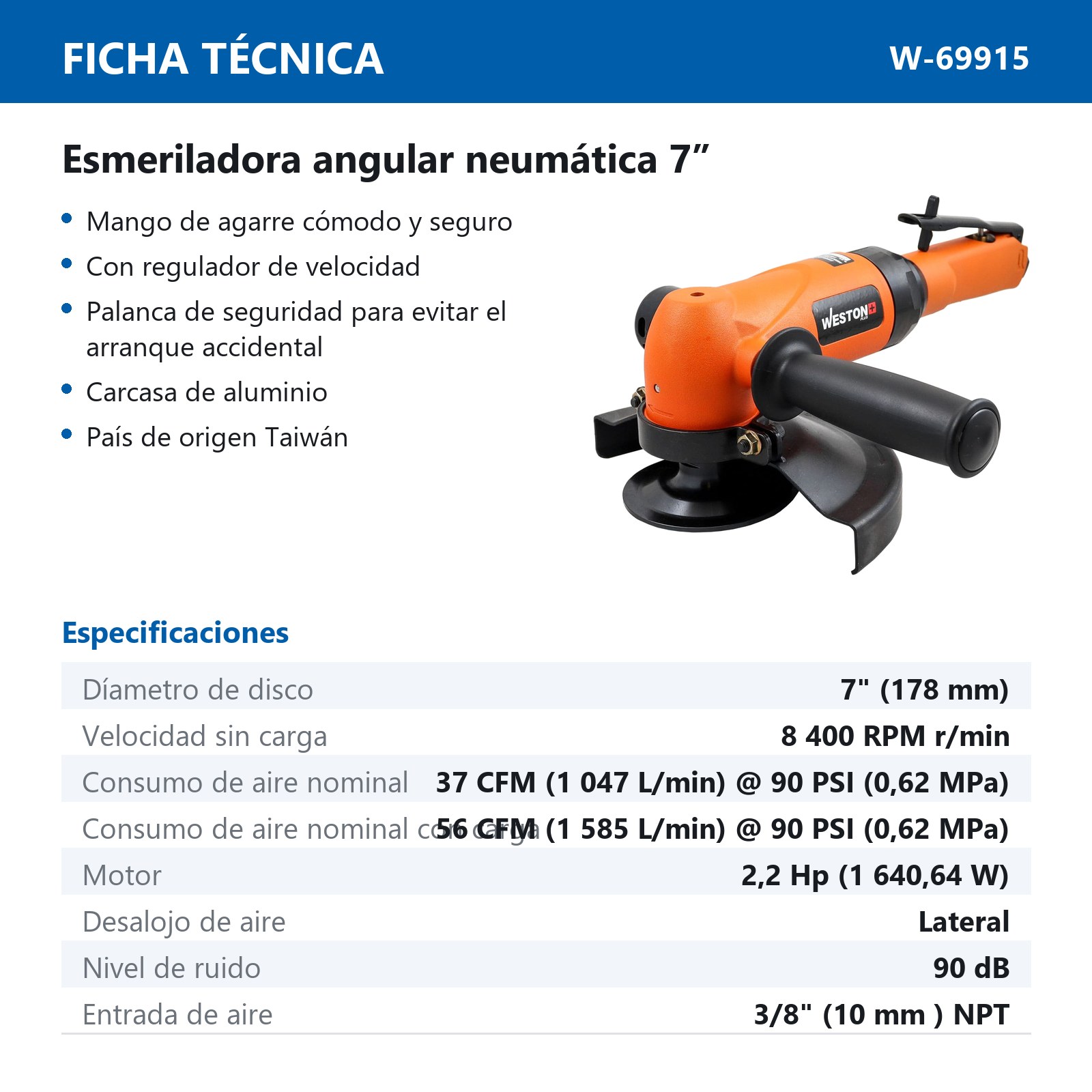 ESMERILADORA ANGULAR NEUMATICA 7" 2.2 HP 8,400 RPM (USO PESADO) - Imagen 4