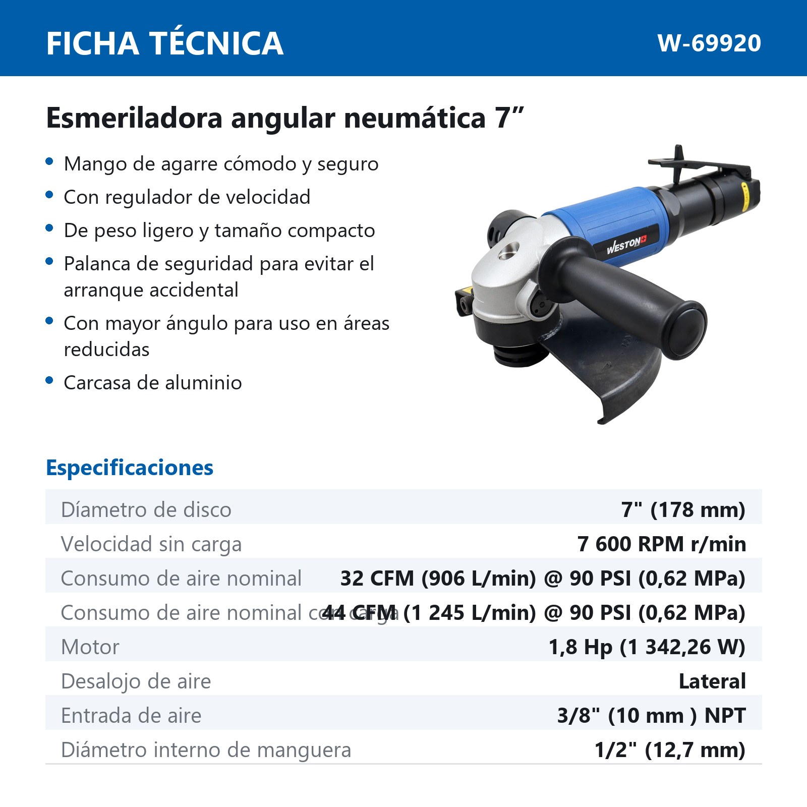 ESMERILADORA ANGULAR NEUMATICA 7" 1.8 HP 7,600 RPM - Imagen 4
