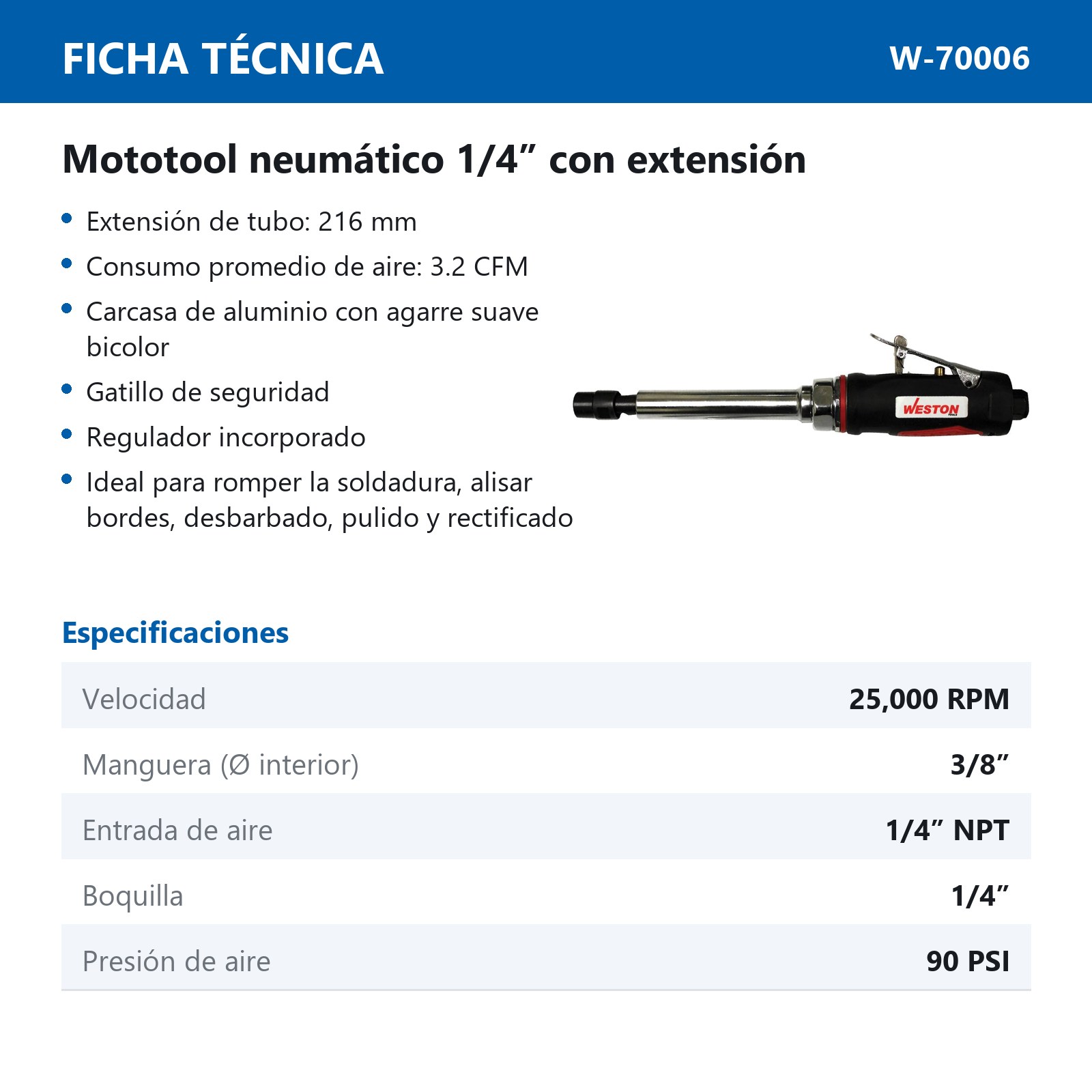 MOTOTOOL NEUMATICO 1/4" LARGO 216 MM - Imagen 2