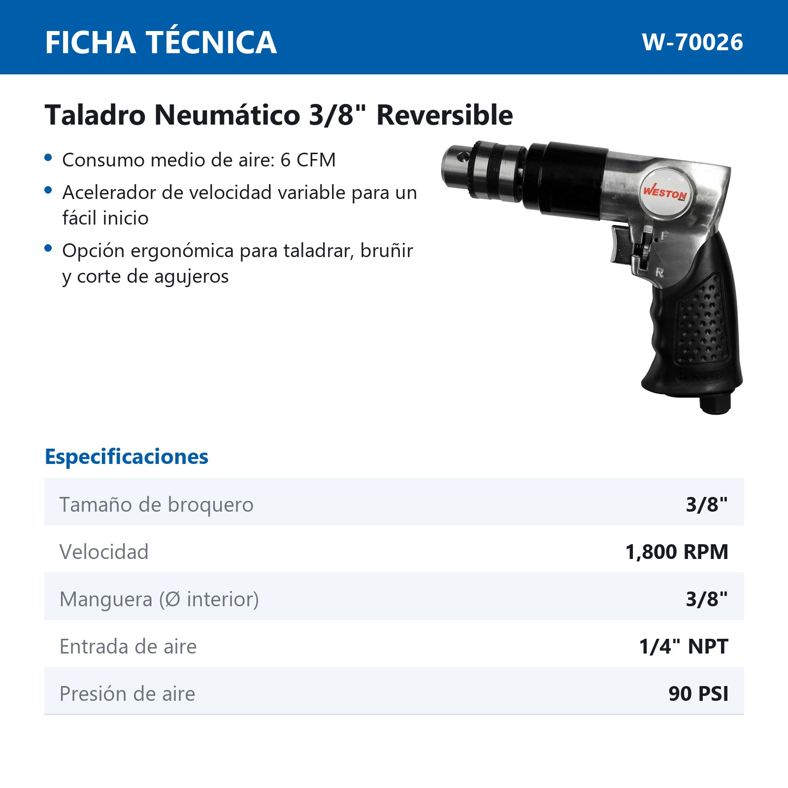 TALADRO NEUMATICO REVERSIBLE 3/8" - Imagen 2