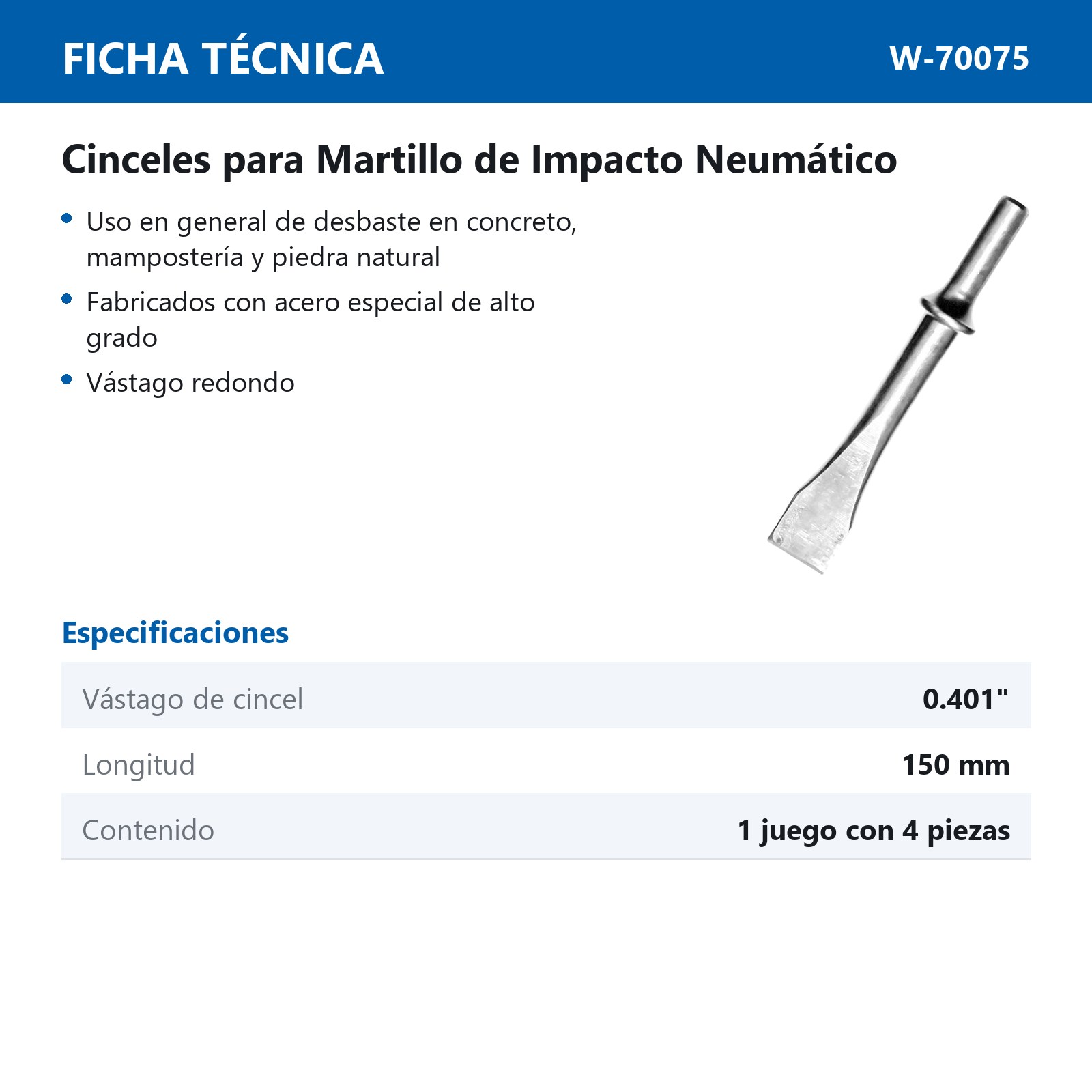 JGO DE 4 CINCELES PARA MARTILLO NEUMATICO - Imagen 2