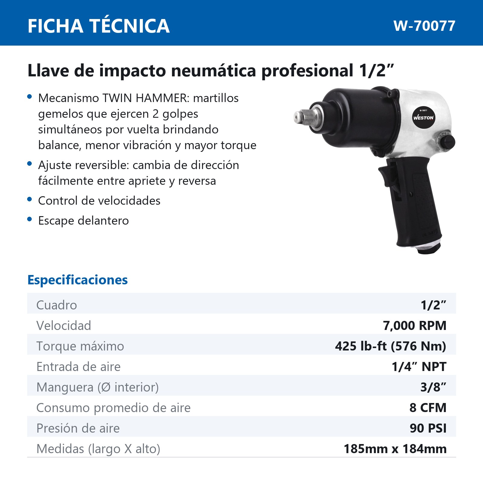 LLAVE DE IMPACTO NEUMATICA  1/2" PROFESIONAL - Imagen 2