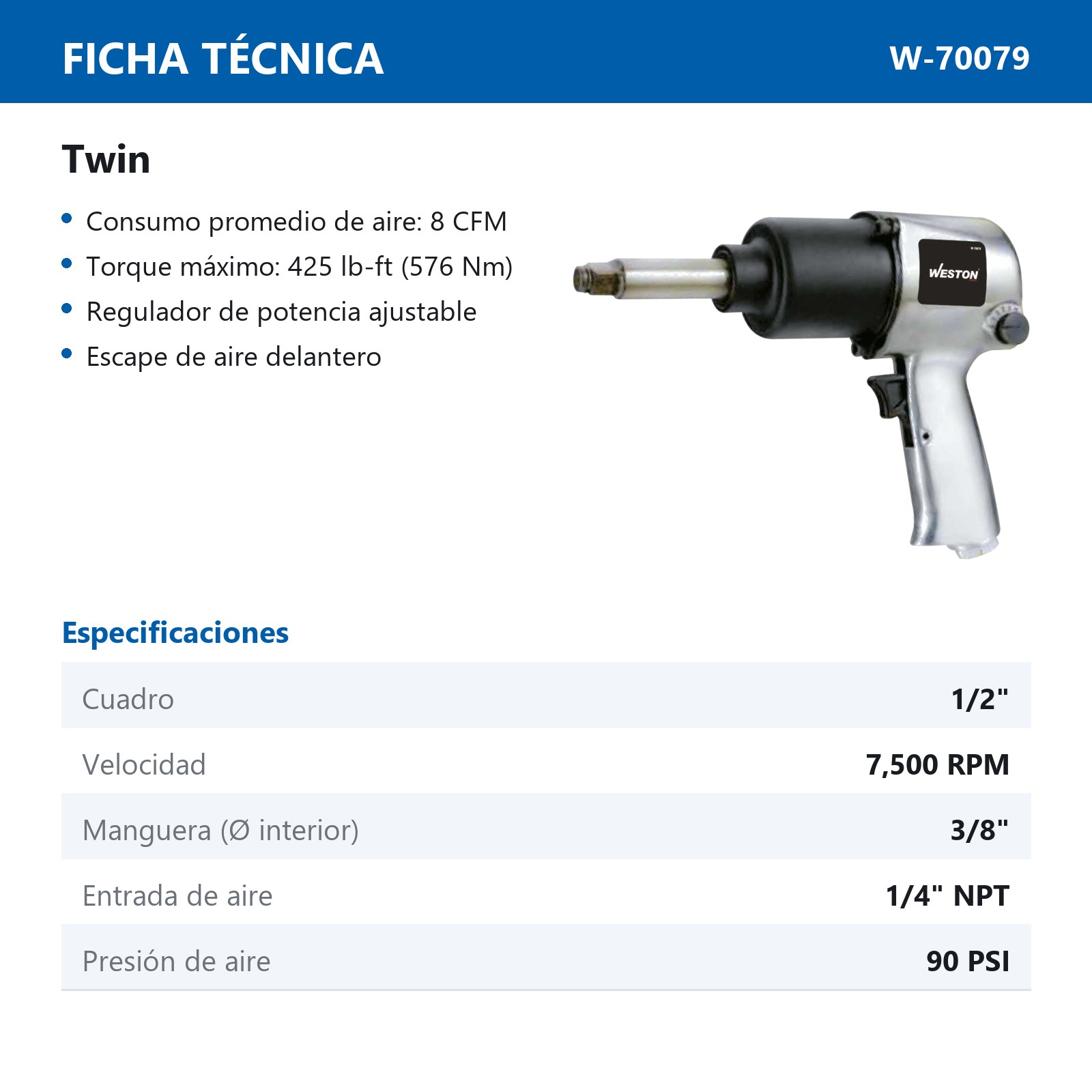 LLAVE DE IMPACTO NEUMATICA 1/2" NARIZ LARGA PROFESIONAL - Imagen 2