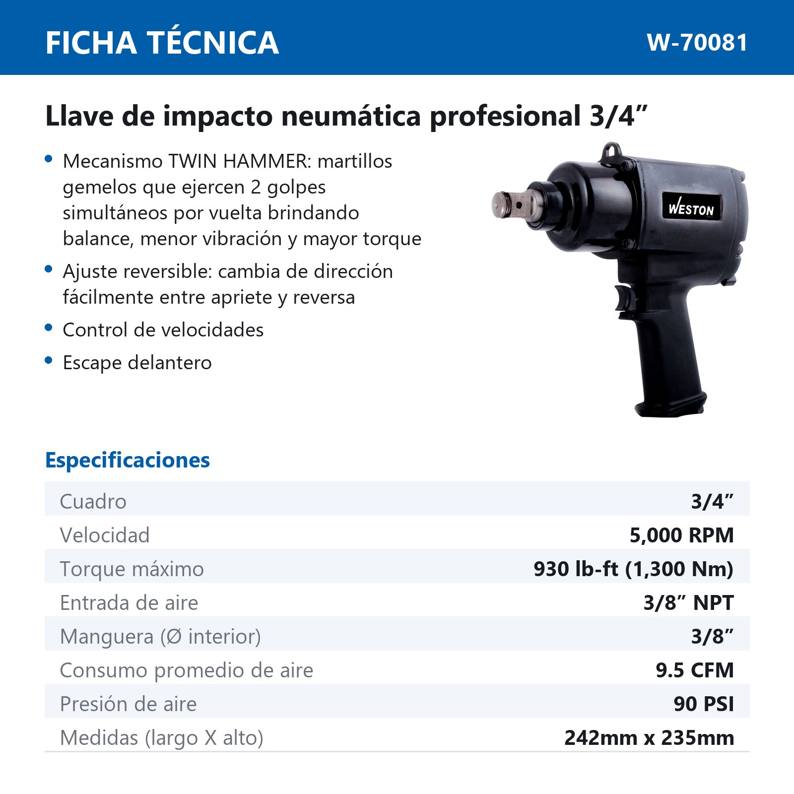 LLAVE DE IMPACTO NEUMATICA  3/4" PROFESIONAL - Imagen 2